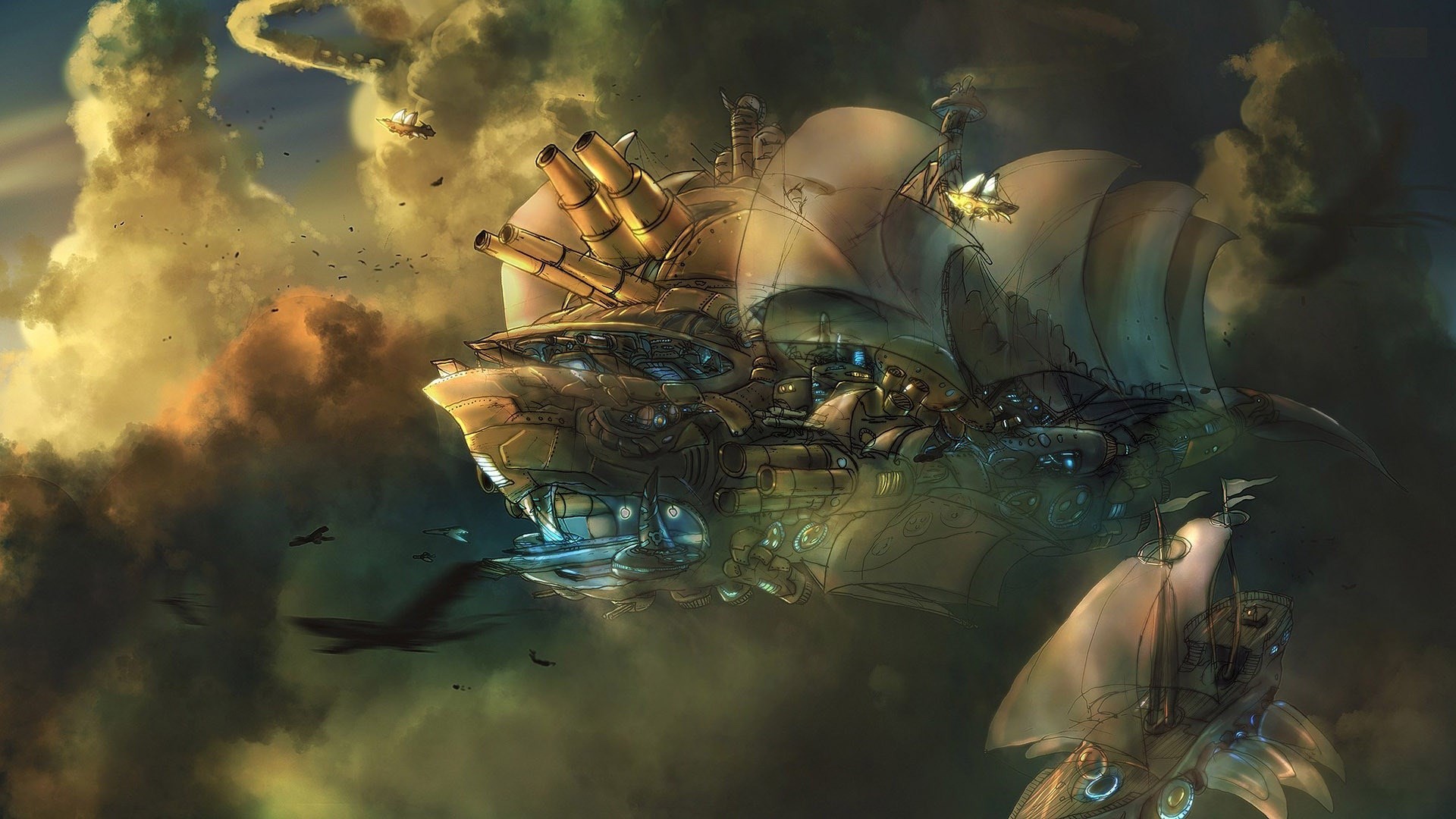Nave volante, Dirigibile, Nuvole, Fantasy, Full HD, sfondo desktop