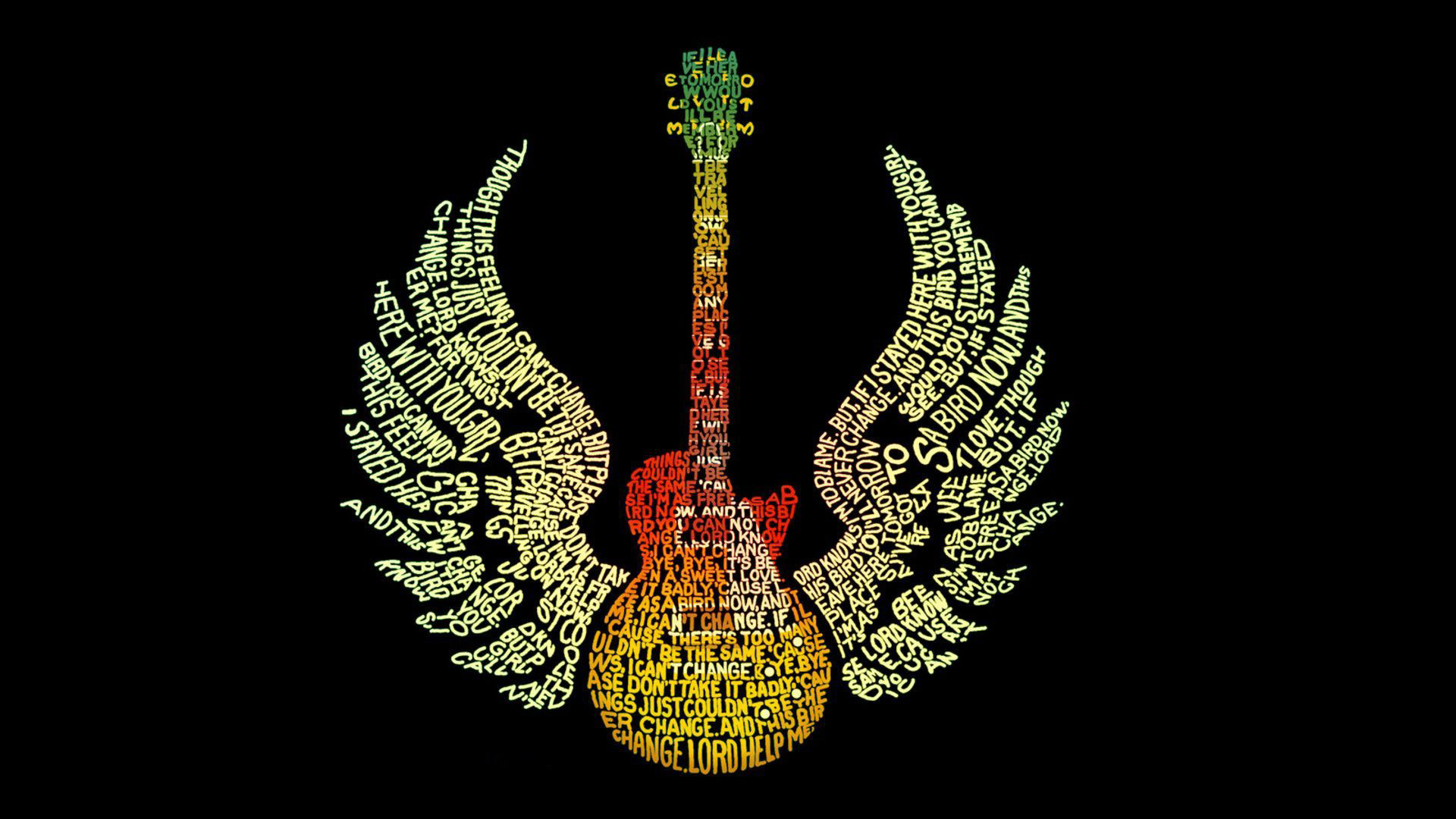 Chitarra elettrica, Ali, Tipografia, Sfondo nero, Full HD, wallpaper per PC