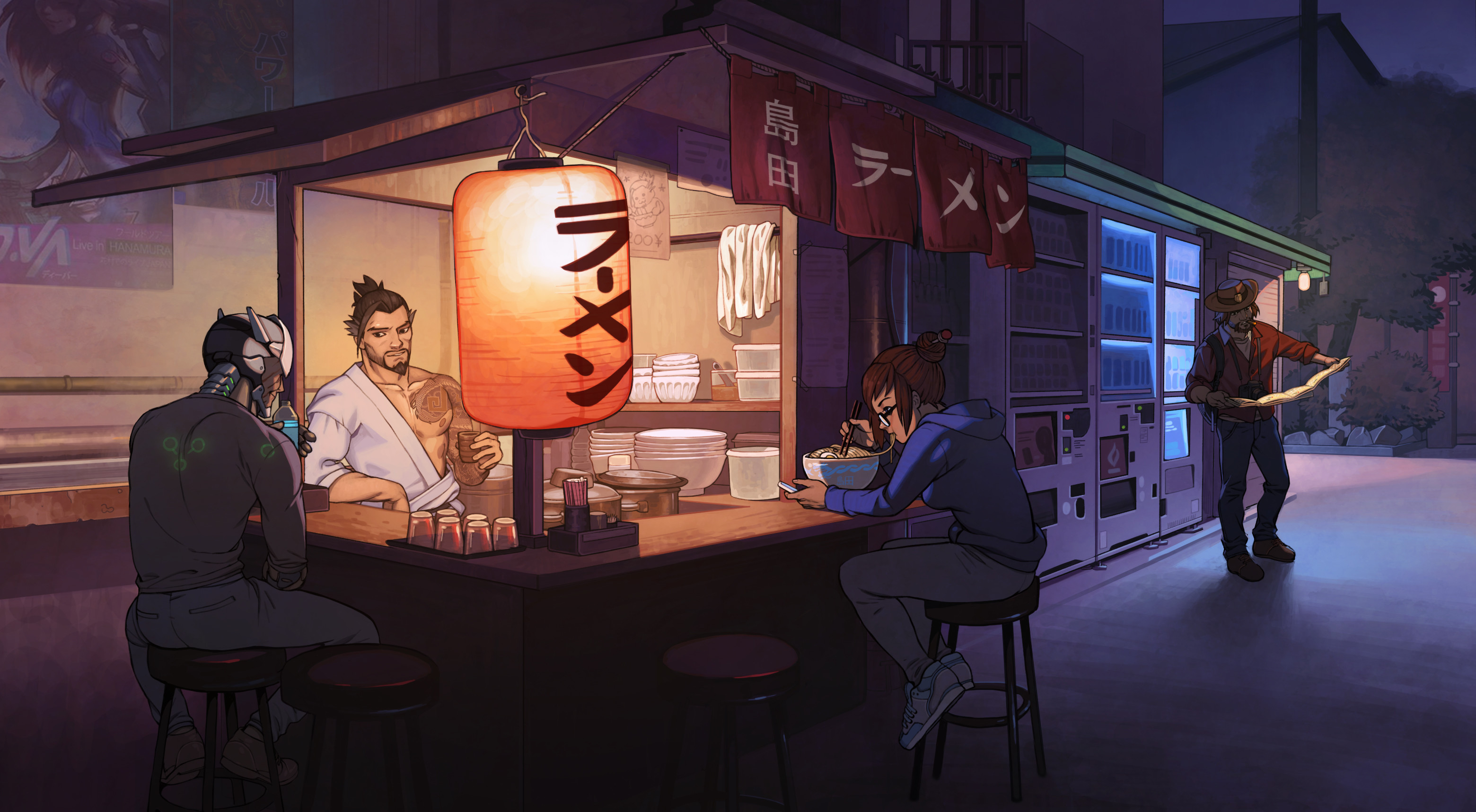 Genji, Hanzo, Overwatch, Ristorante ramen, Notte, 2K, sfondo per portatile