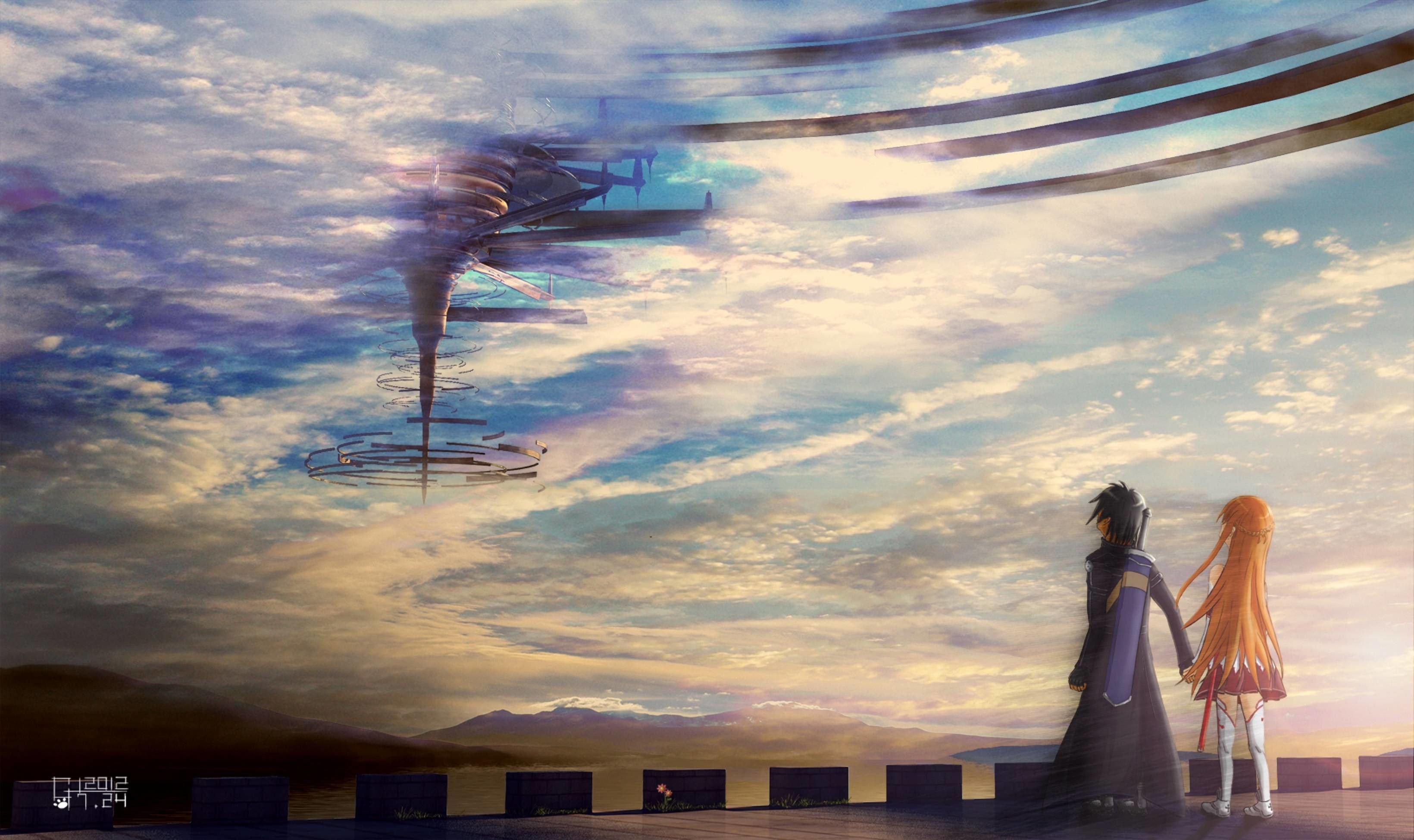Kirito, Asuna, Sword Art Online, Aincrad, Cielo, 2K, sfondo per PC e portatile