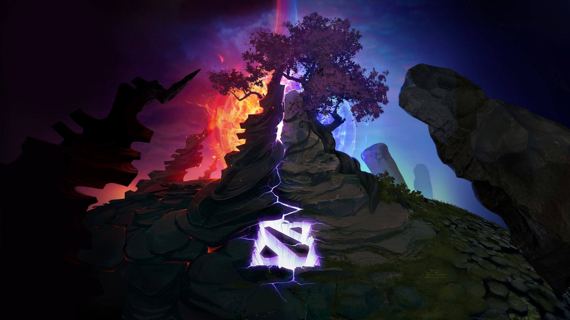 Dota 2, Logo, Albero, Rocce, Viola, Full HD 1080p, sfondo desktop