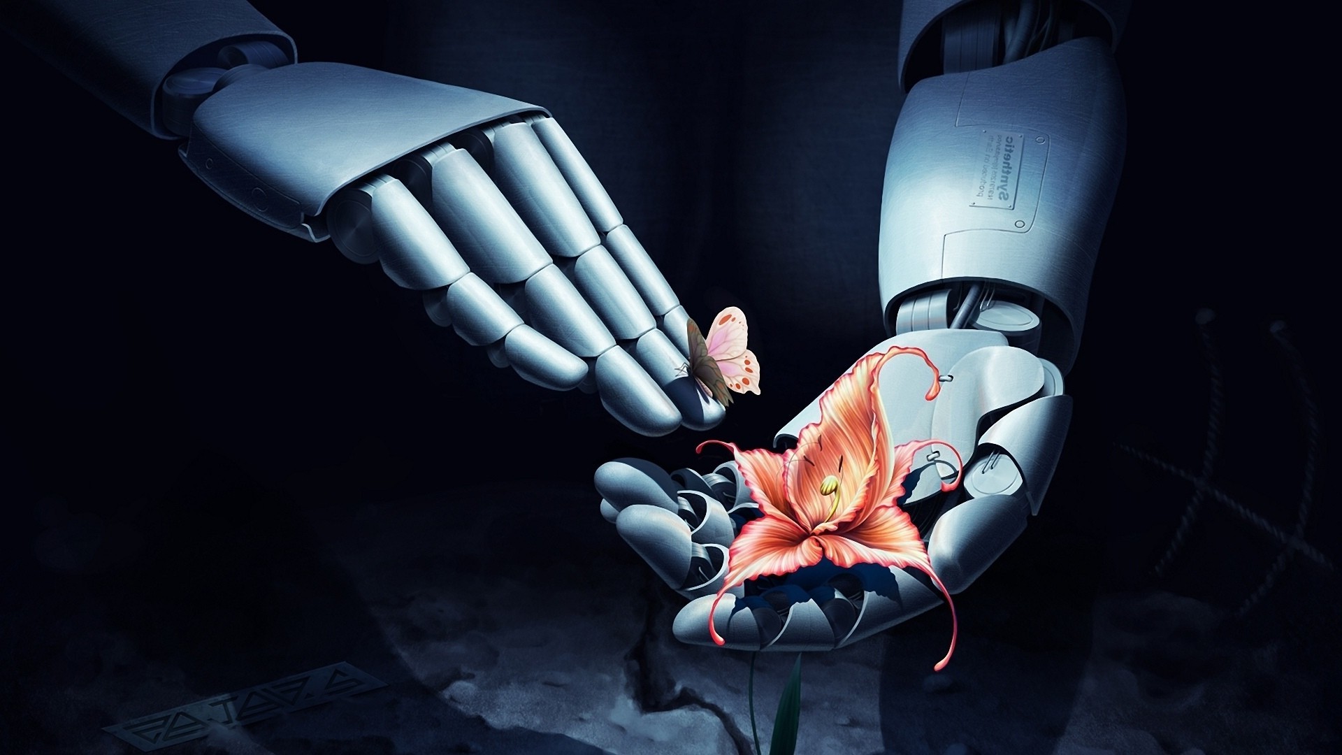 Mani robotiche, Fiore, Farfalla, Arte digitale, 1920x1080, immagine di sfondo