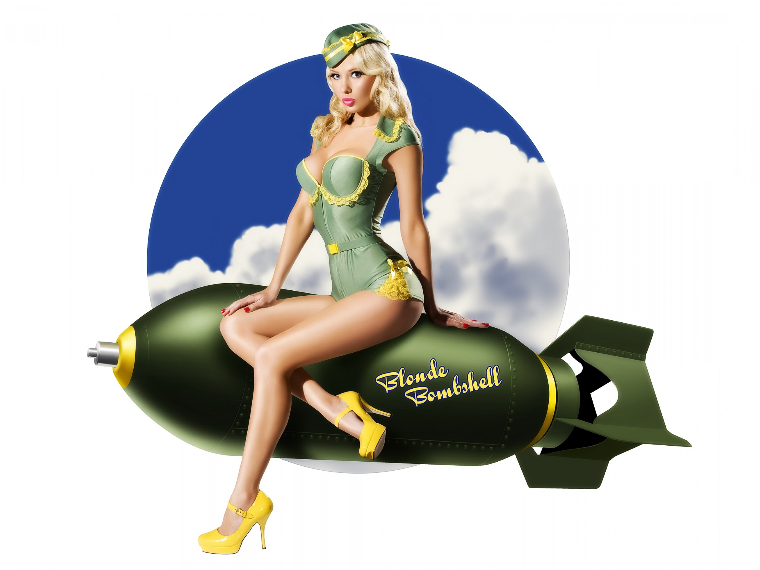 Blonde Bombshell, Pin-up, Bomba, Nuvole, Illustrazione, sfondo per iPad e tablet