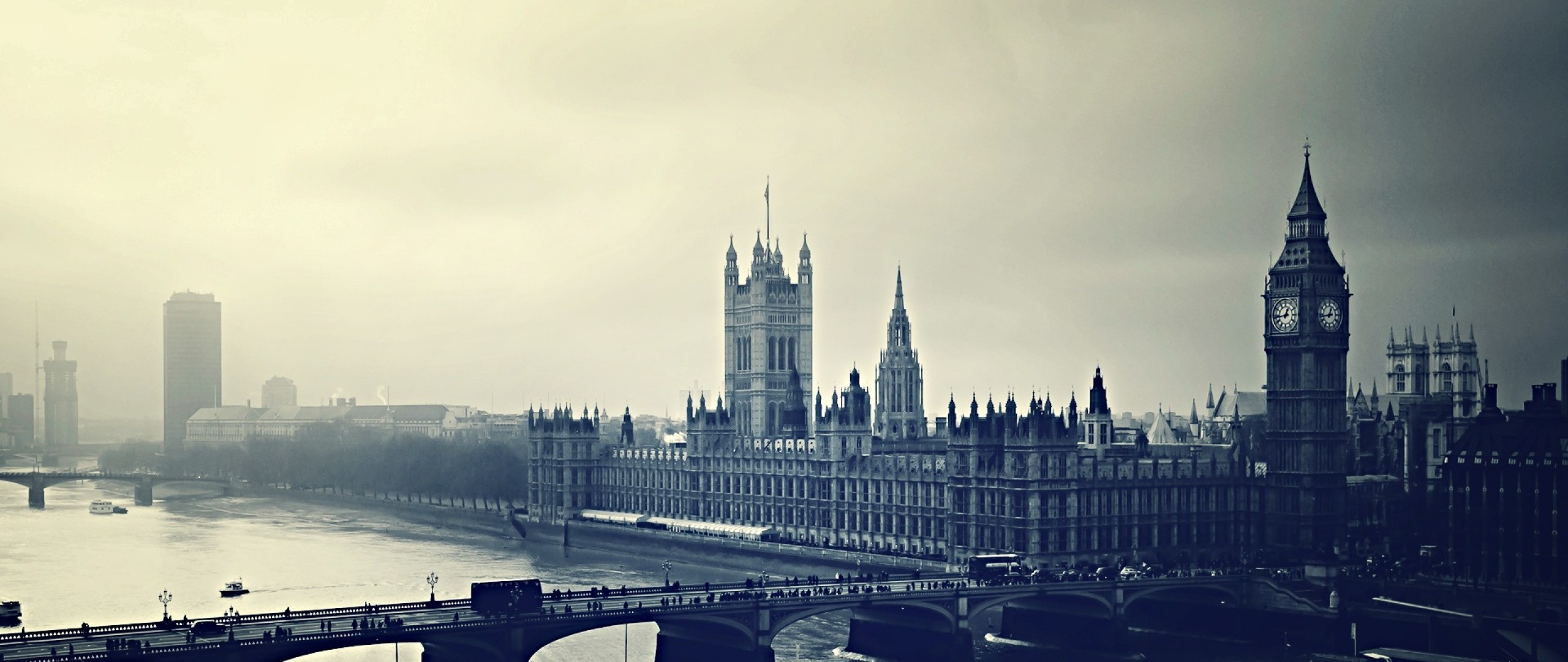 Palazzo di Westminster, Big Ben, Ponte di Westminster, Tamigi, Londra, Nebbia, sfondo desktop