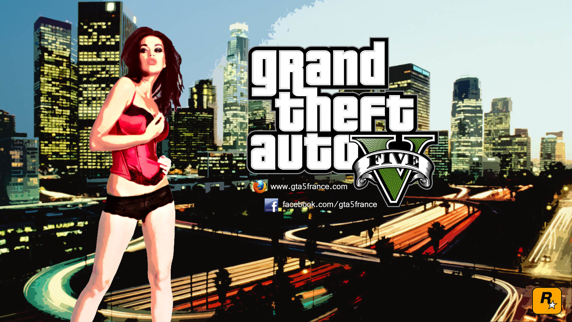 Grand Theft Auto V, Logo, Skyline, Notte, 1920x1080, immagine di sfondo