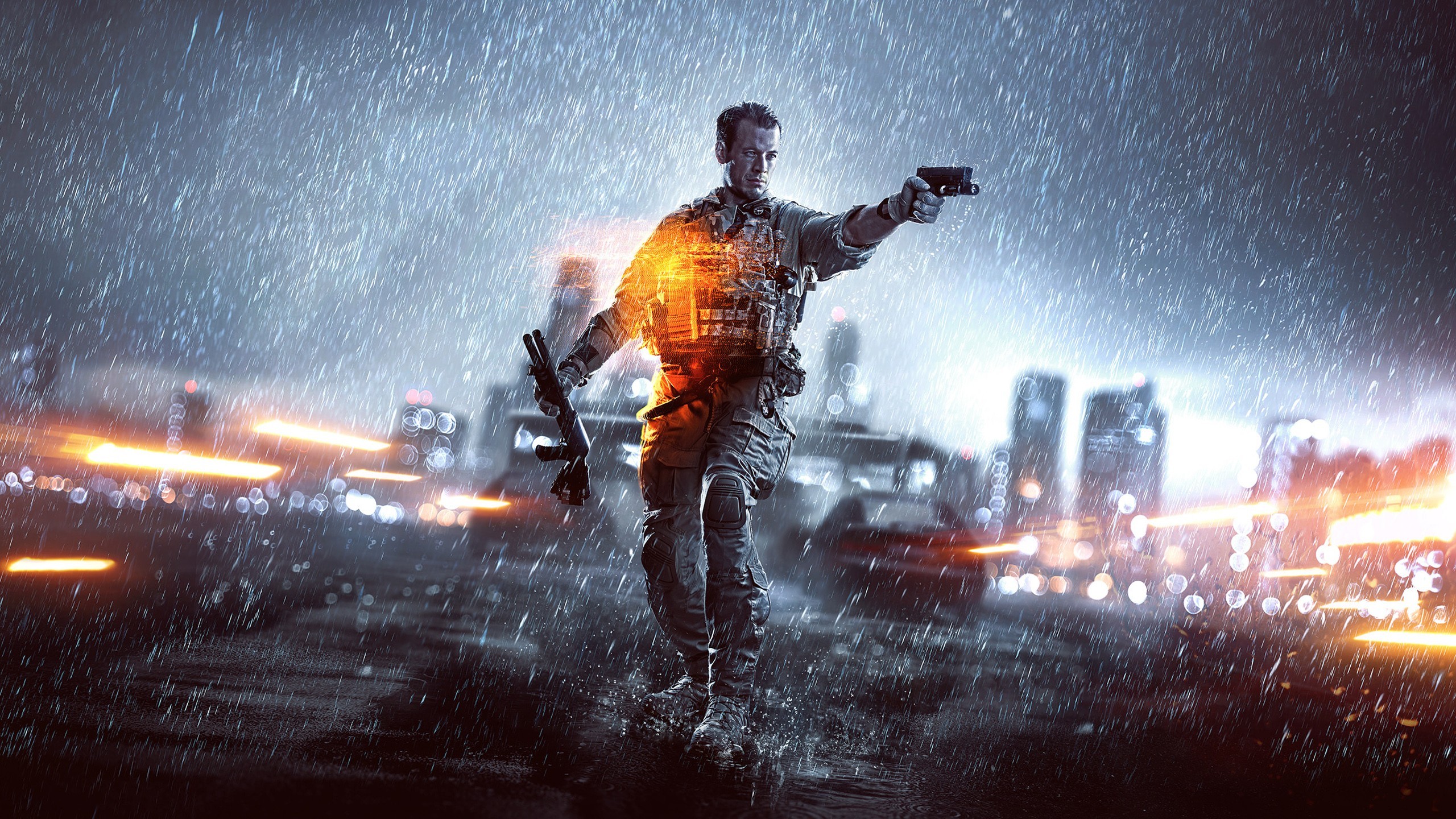 Battlefield 4, Soldato, Pistola, Pioggia, Città notturna, 2K, sfondo per PC e portatile