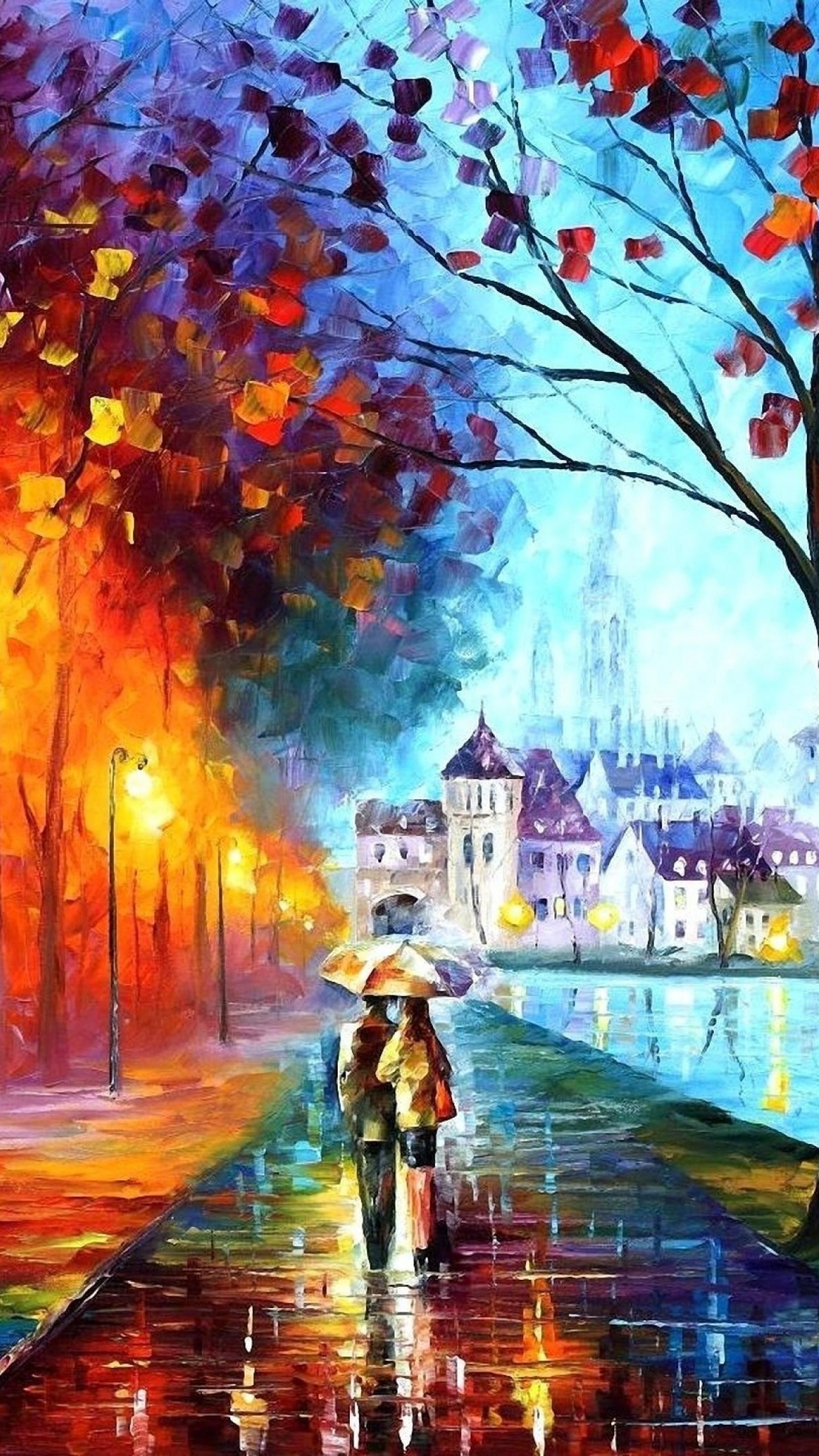 Pittura a olio, Strada, Pioggia, Autunno, Leonid Afremov, sfondo Samsung S25 verticale