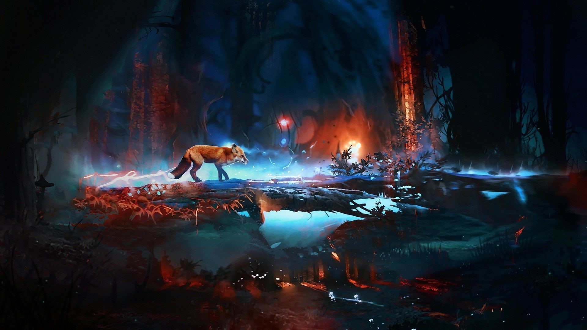 Volpe, Foresta fantasy, Arte digitale, Notte, 16:9 Full HD, sfondo widescreen