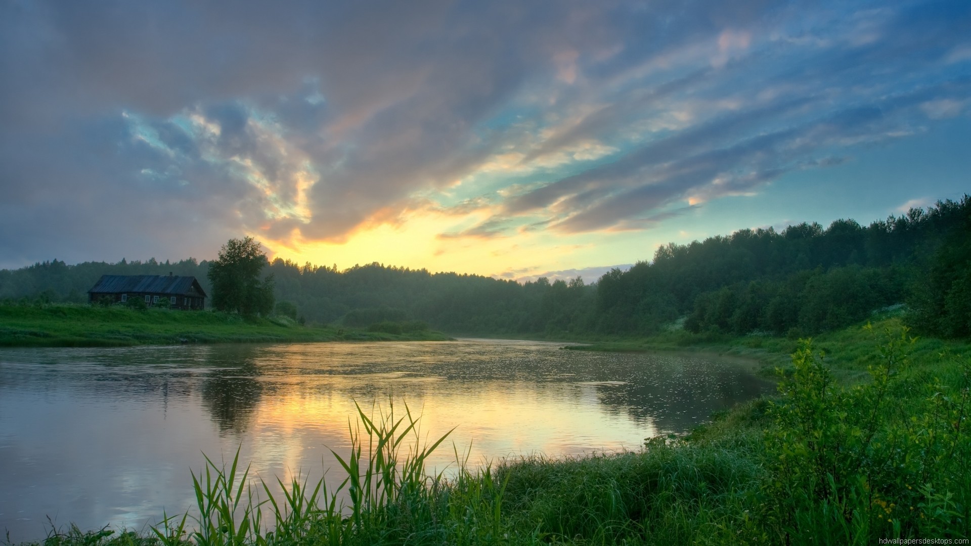 Fiume, Alba, Foresta, Paesaggio, Full HD, sfondo Windows 11