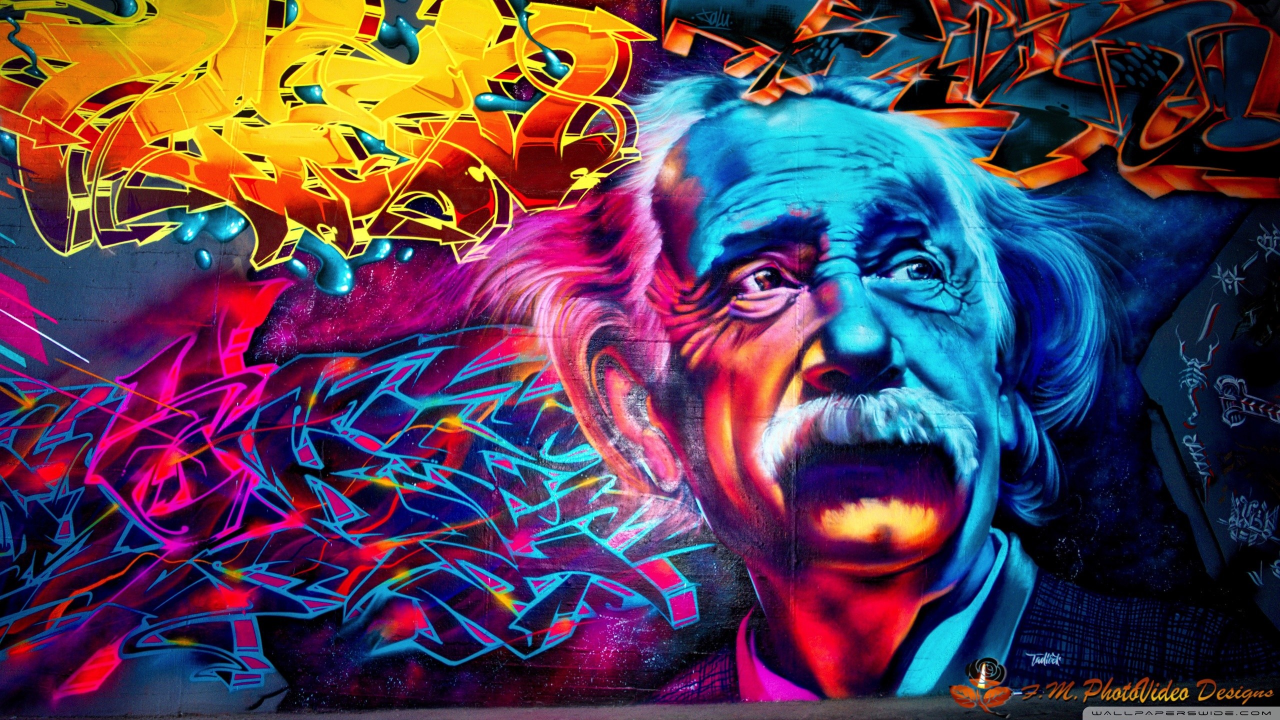 Albert Einstein, Graffiti, Street art, Ritratto, Colori psichedelici, sfondo 2560x1440 per PC