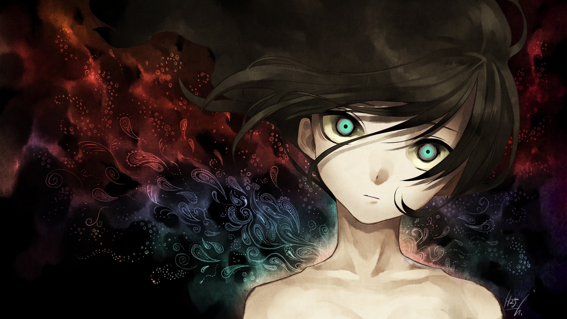 Ragazza anime, Occhi verdi, Capelli neri, Sfondo scuro, 1920x1080, wallpaper desktop