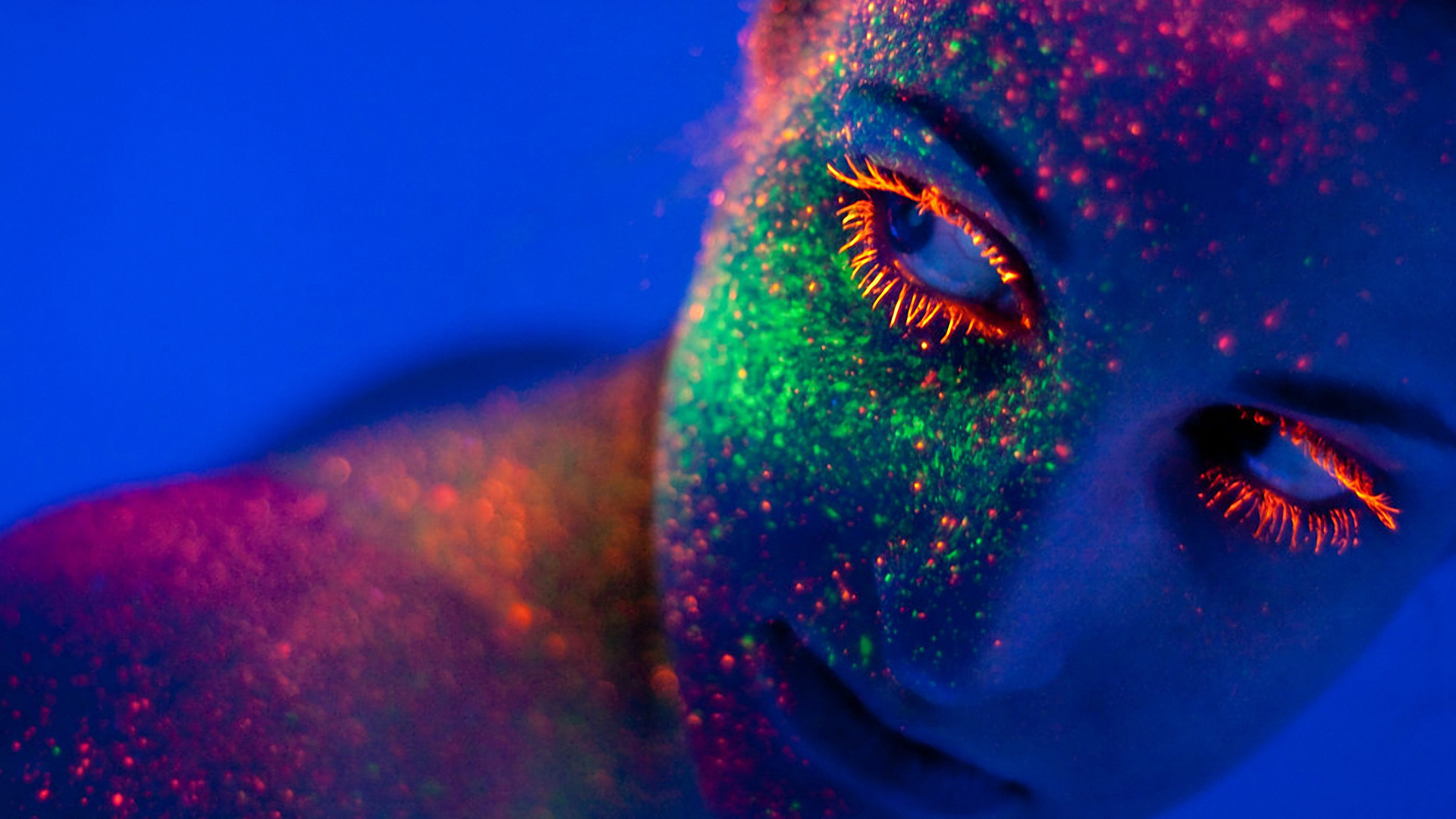 Trucco fluorescente, UV, Glitter neon, Sfondo blu, 16:9 Full HD, wallpaper widescreen