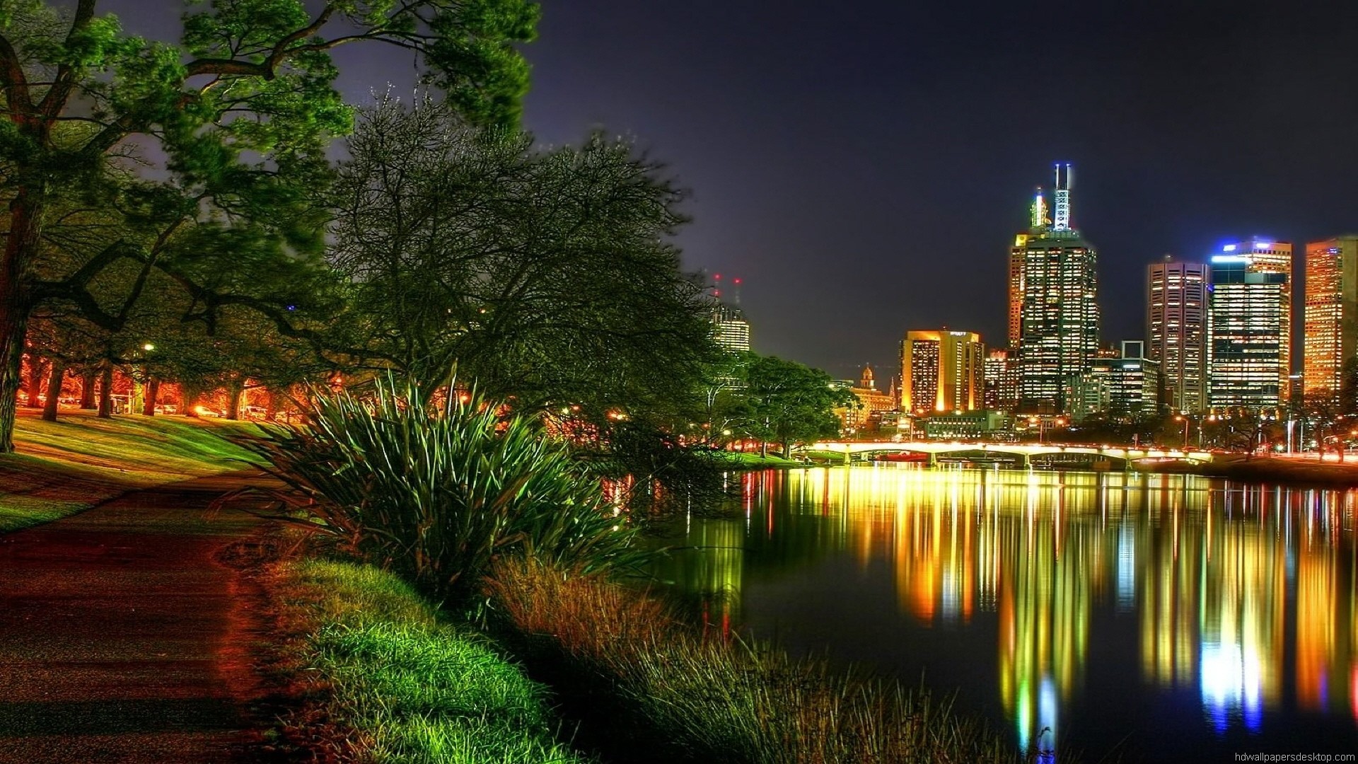 Fiume, Skyline, Notte, Riflessi, Full HD, sfondo per portatile