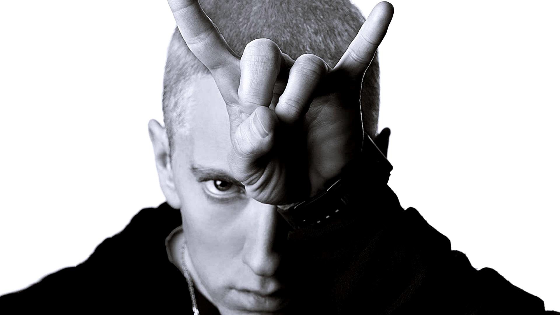 Eminem, Gesto delle corna, Primo piano, Bianco e nero, 16:9 Full HD, sfondo widescreen