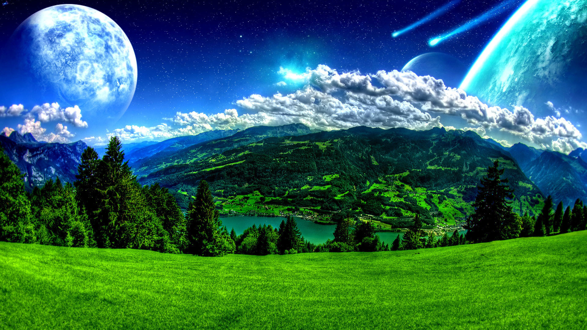 Pianeti, Comete, Prato, Montagne, Arte surreale, 1920x1080, sfondo per PC