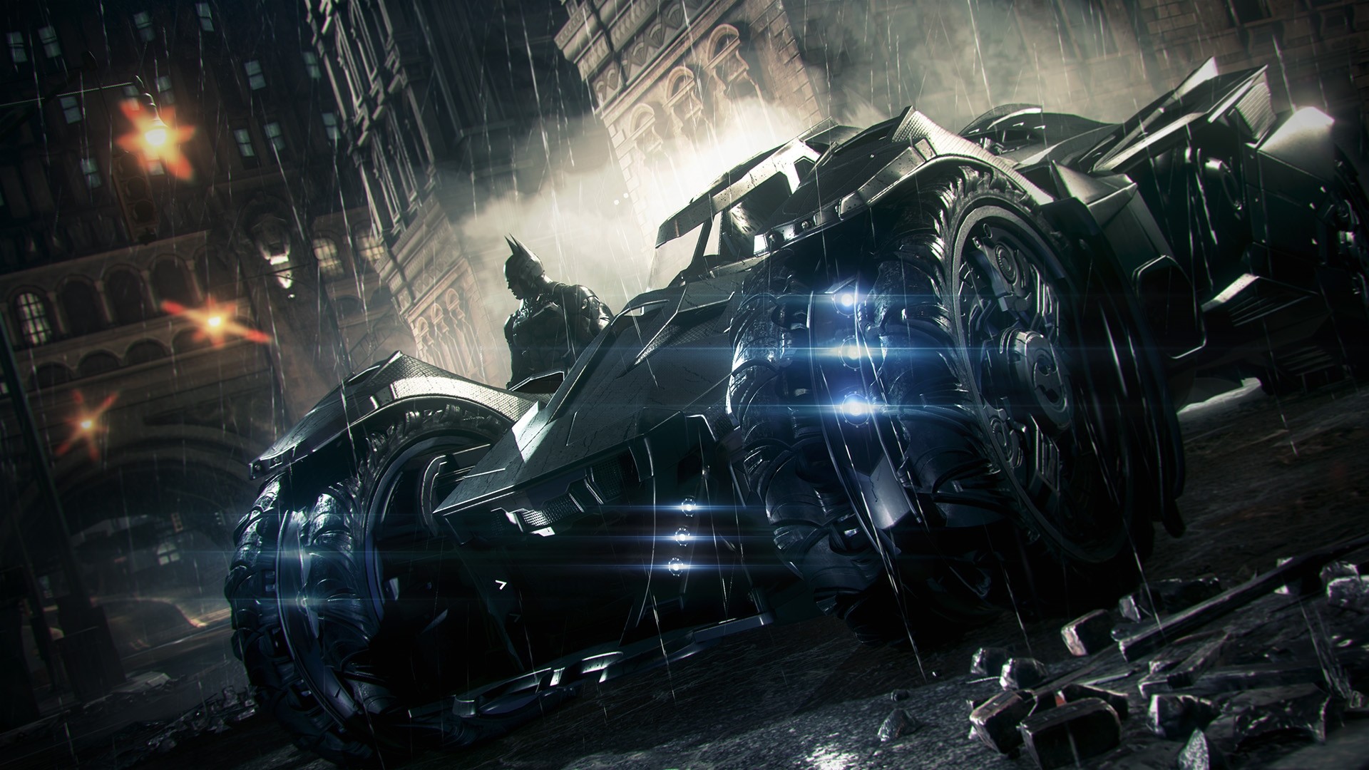 Batmobile, Batman: Arkham Knight, Batman, Videogioco, Pioggia, Full HD, sfondo Windows 11