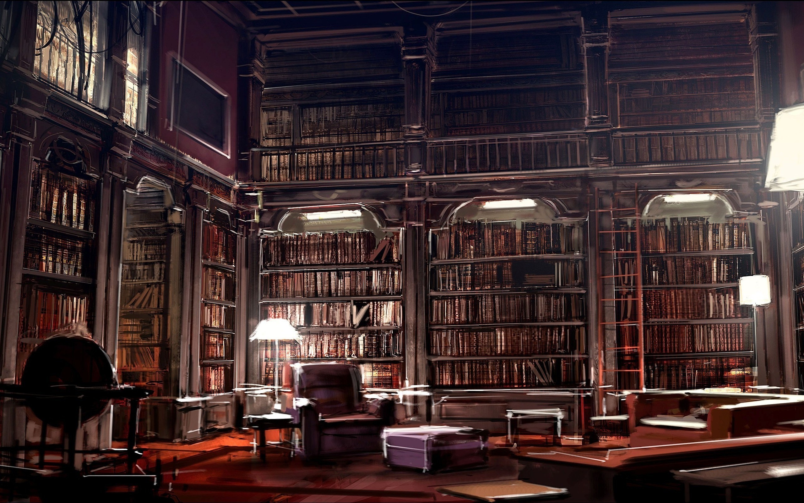 Biblioteca, Sala di lettura, Scaffali, Interni classici, 2560x1600, immagine di sfondo