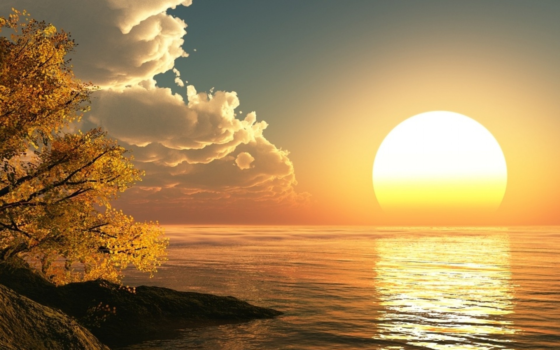 Sole, Tramonto, Mare, Nuvole, Full HD, sfondo desktop