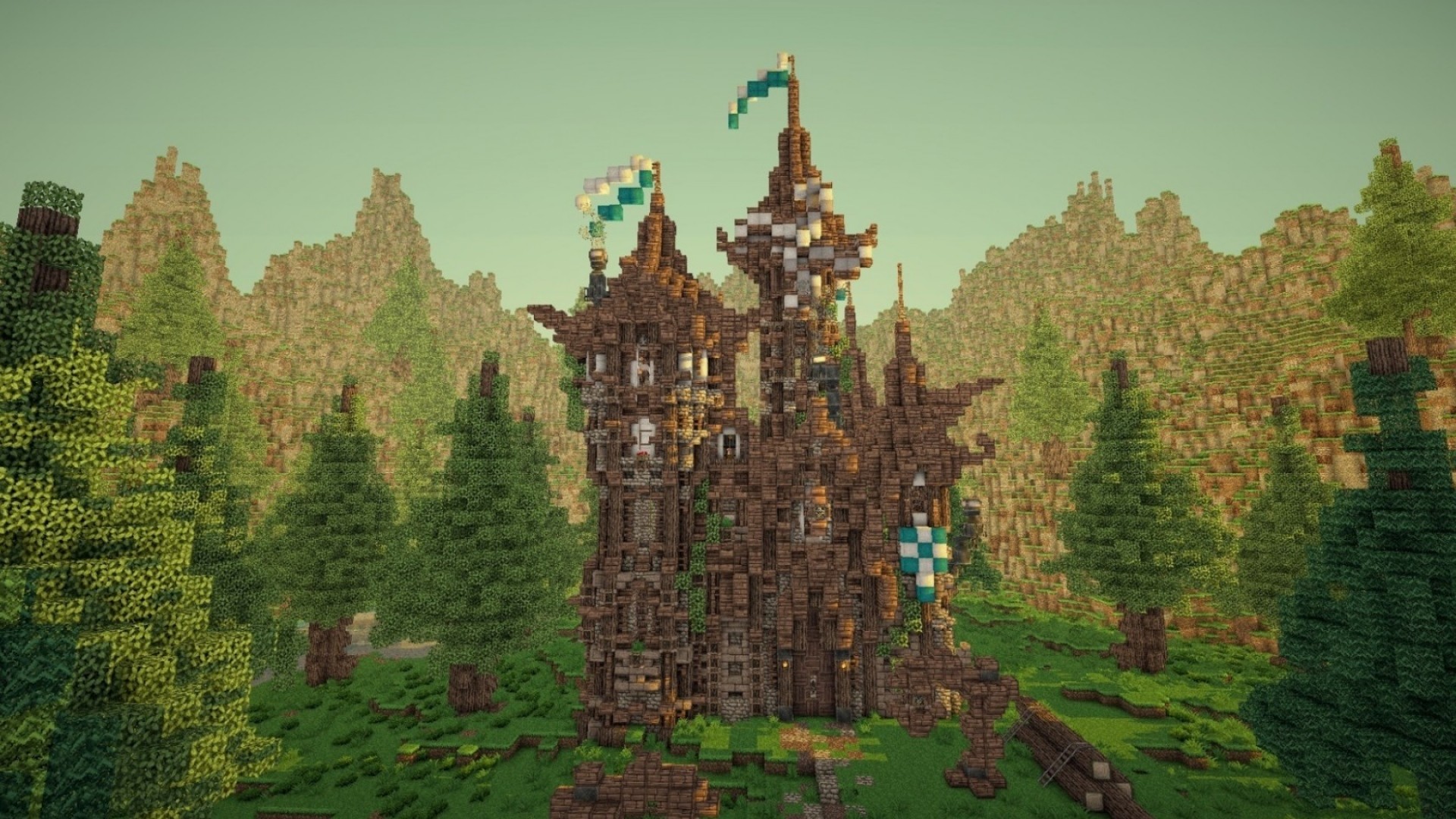 Minecraft, Castello, Foresta, Montagne, Full HD, sfondo per PC