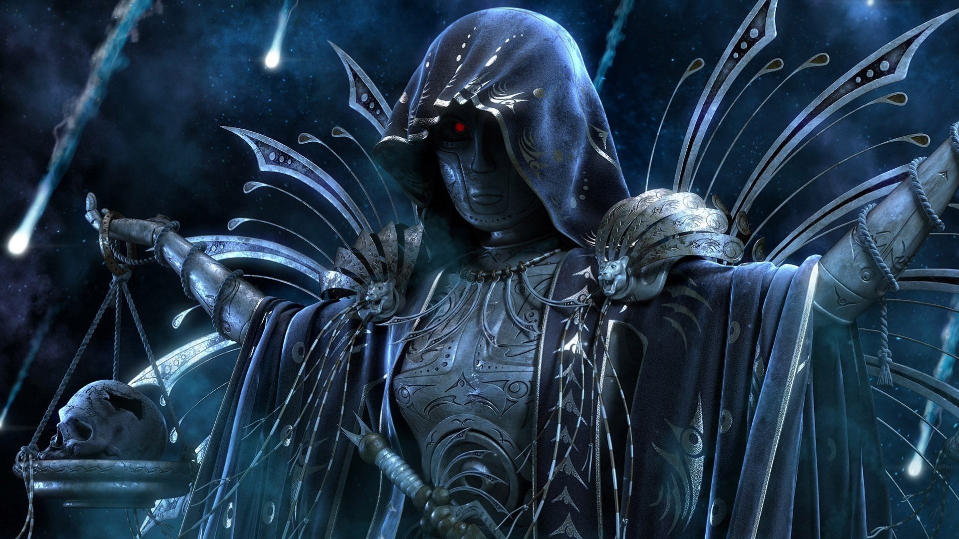 Mago oscuro, Bilancia, Teschio, Dark fantasy, 16:9 Full HD, sfondo widescreen