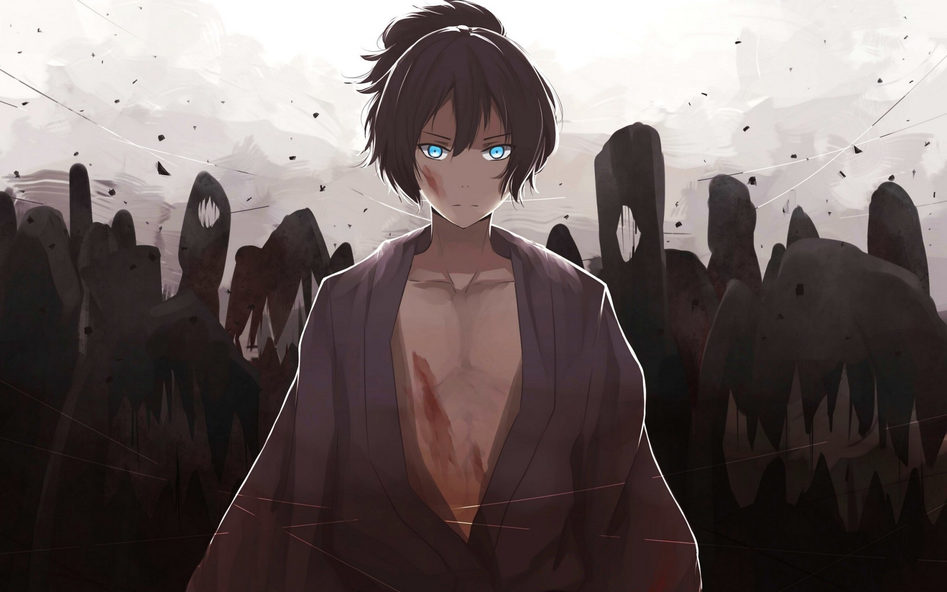 Yato, Noragami, Yukata, Occhi azzurri, Toni scuri, 1920x1200, sfondo per PC