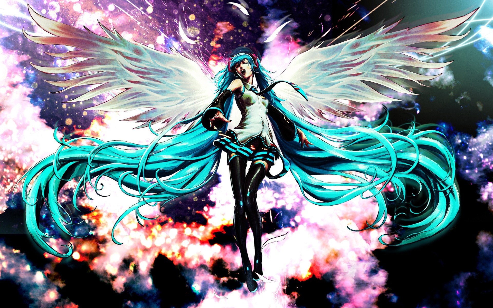 Hatsune Miku, Vocaloid, Ali, Anime, Fiori, Full HD, sfondo desktop