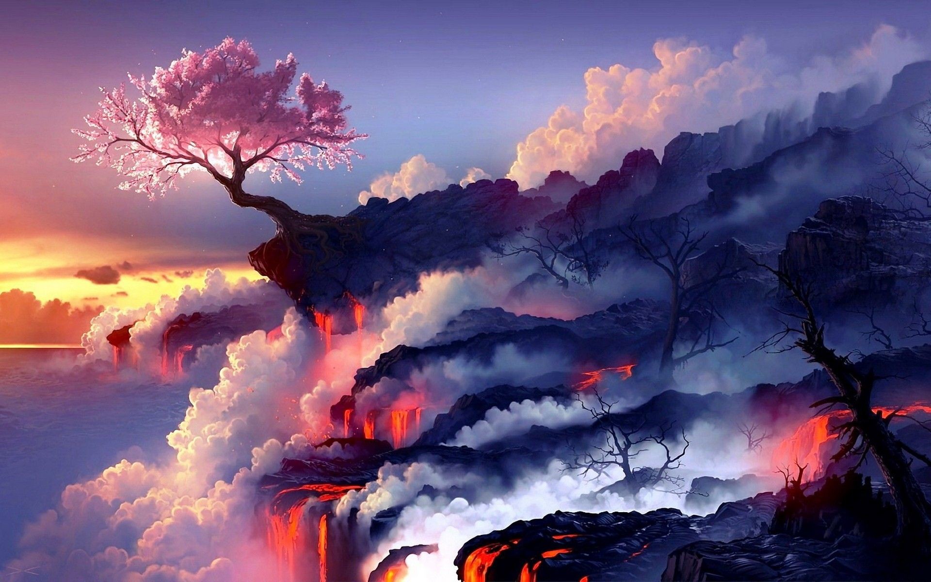 Arte fantasy, Albero rosa, Lava, Nuvole, sfondo Full HD per desktop