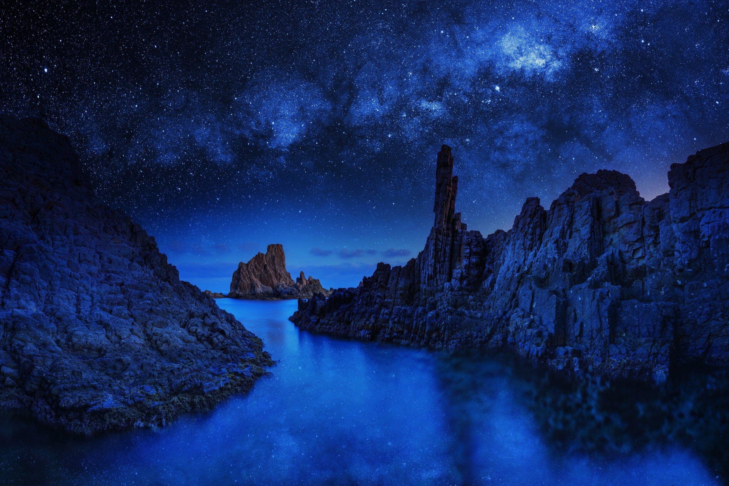 Cielo stellato, Scogliere, Mare, Blu, Full HD, wallpaper per computer