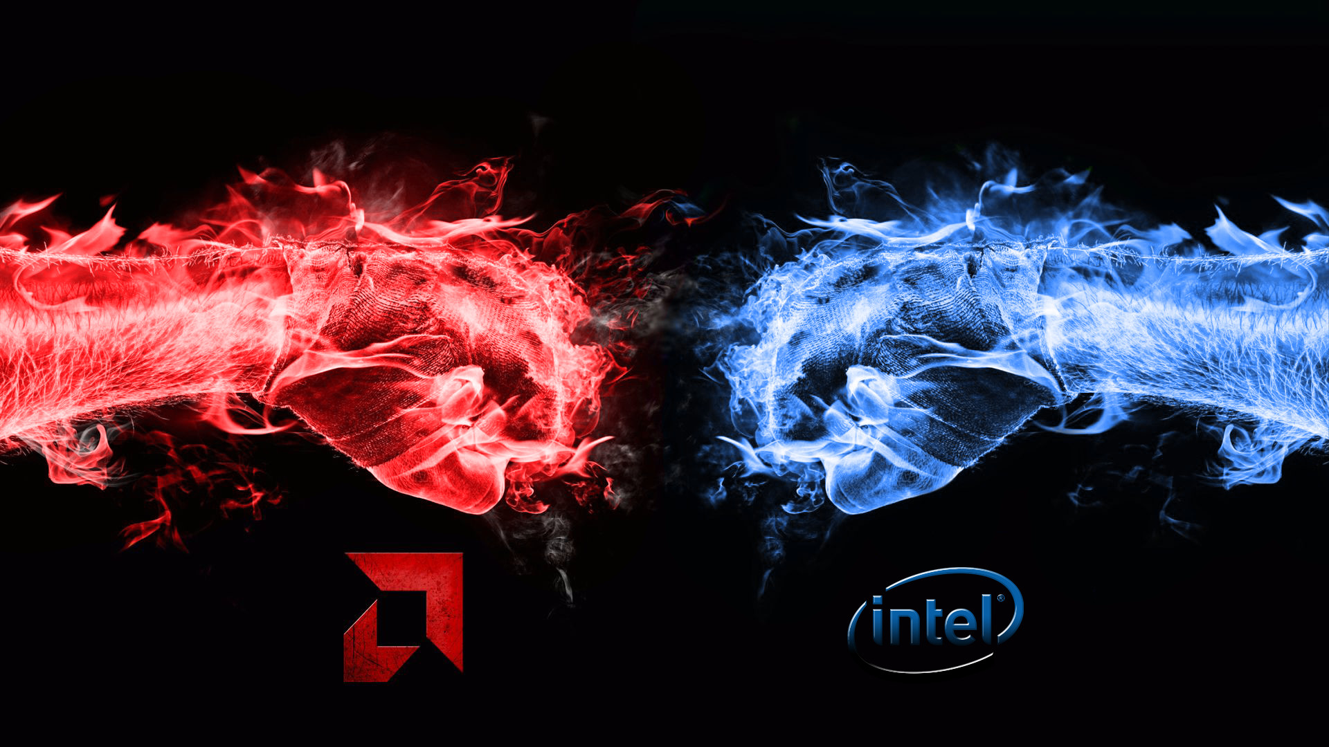 AMD, Intel, Pugni di fuoco, Rosso, Blu, Full HD, sfondo desktop