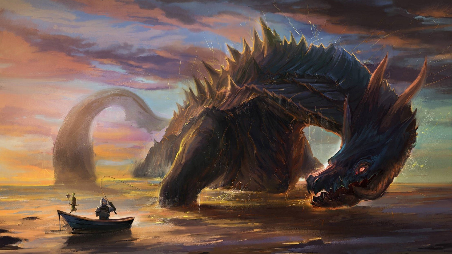 Drago, Barca, Lago, Tramonto, Arte fantasy, Full HD, sfondo per PC