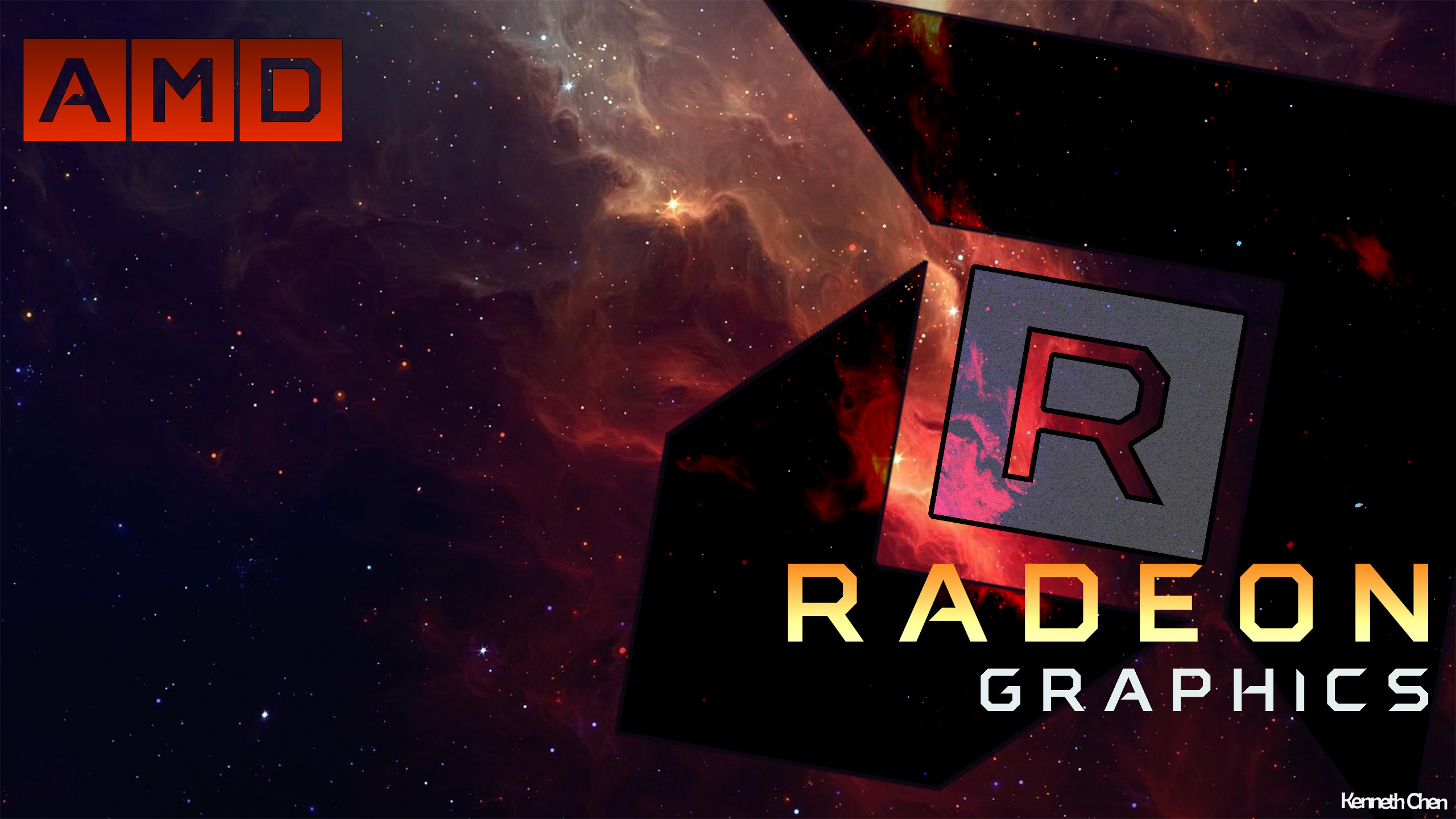 AMD Radeon Graphics, Logo, Nebulosa, 2K 1440p, sfondo desktop