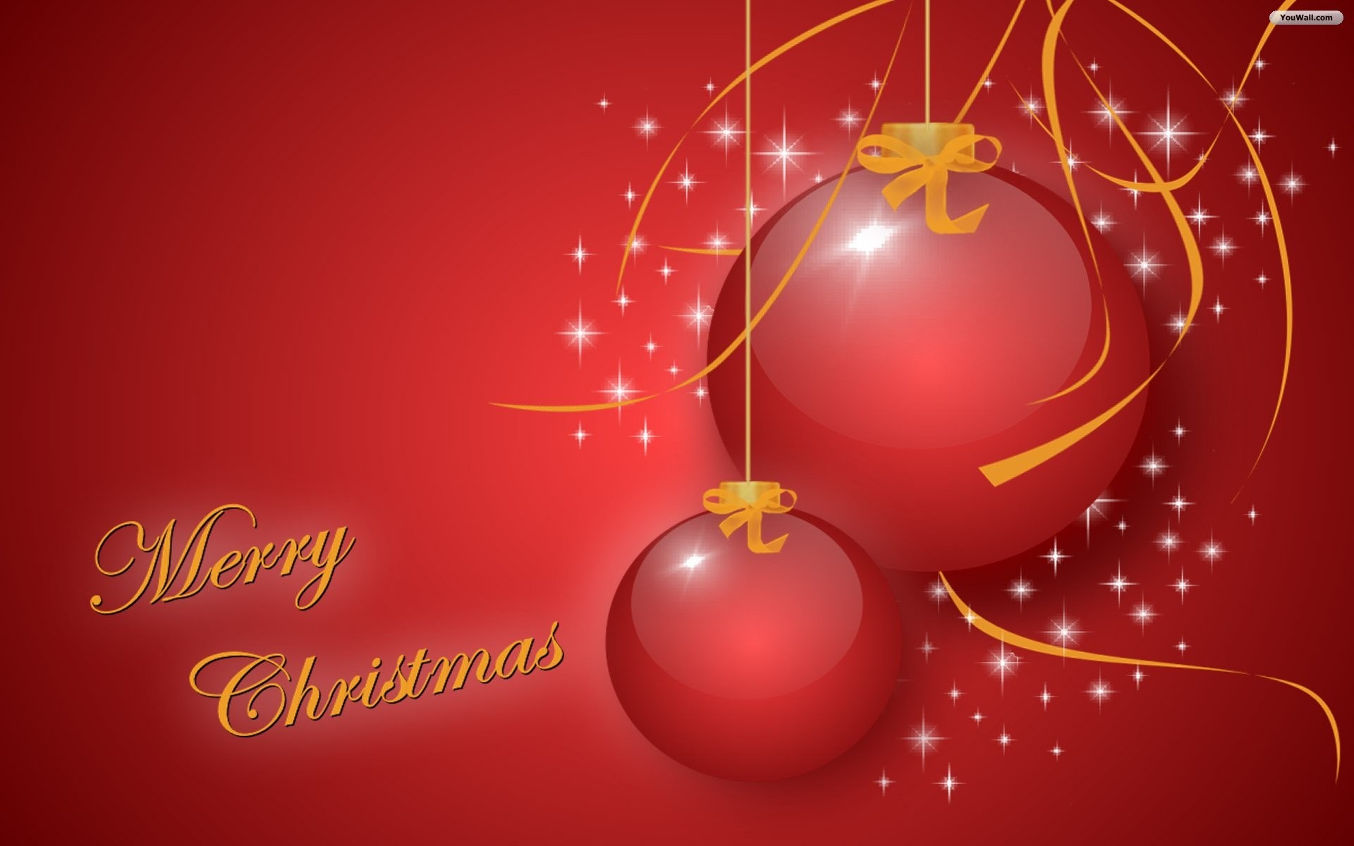 Palline rosse, Merry Christmas, Nastri dorati, Sfondo rosso, Scintille, wallpaper desktop Full HD