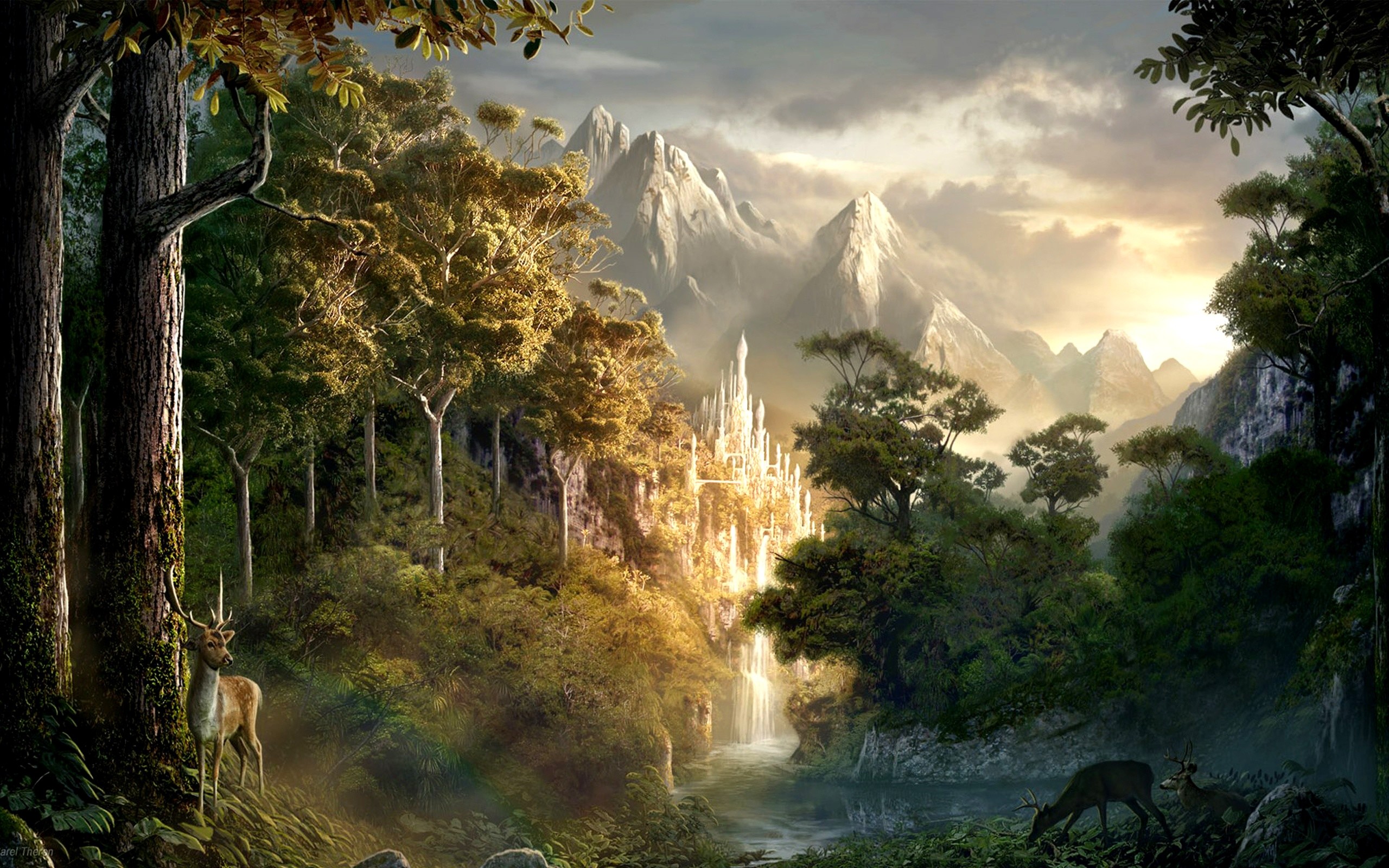 Gran Burrone, Il Signore degli Anelli, Cervi, Foresta, Pittura, 2K, sfondo per PC e portatile