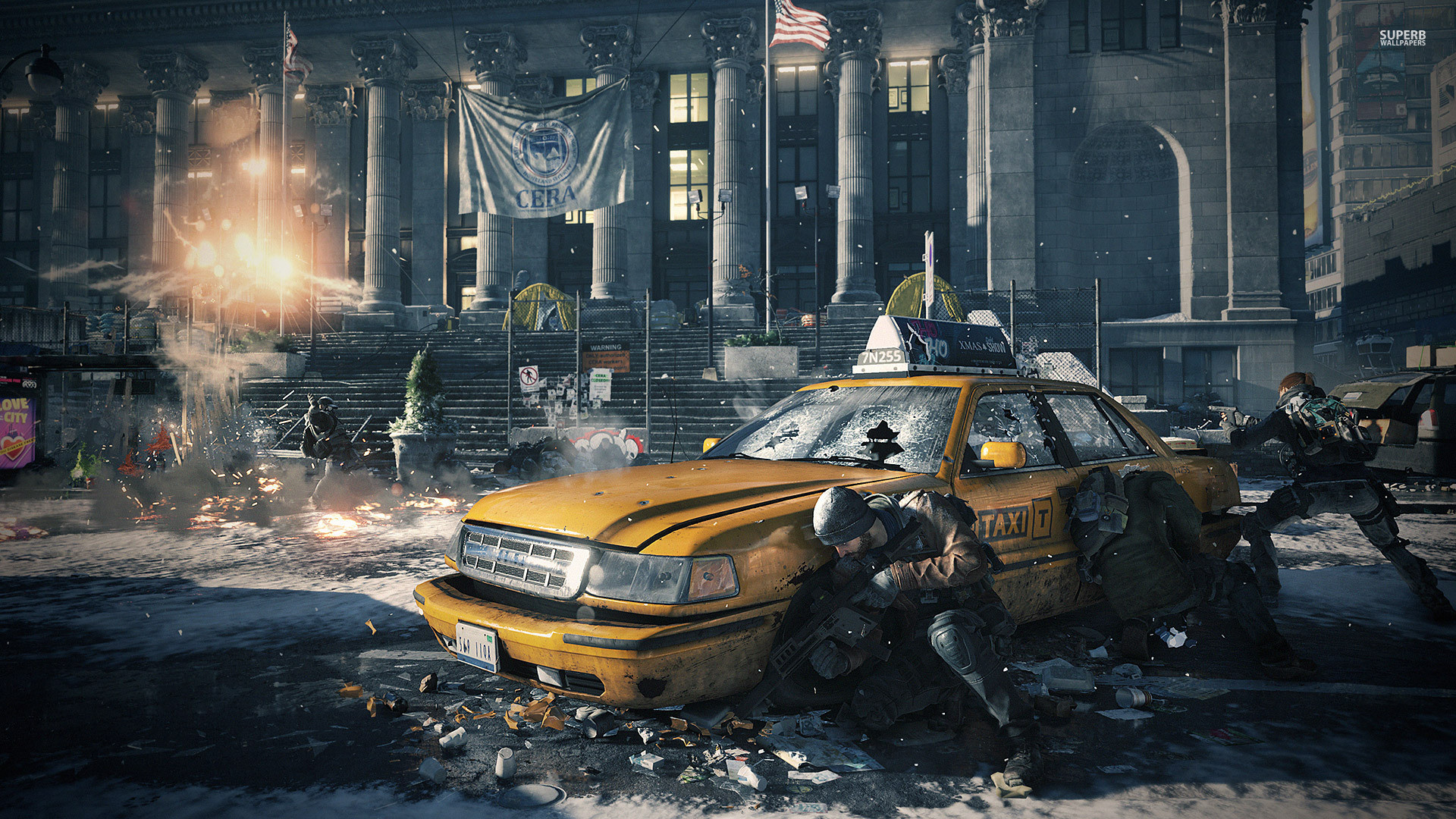 Tom Clancy's The Division, Taxi giallo, Combattimento, Città, Full HD, sfondo per PC e portatile