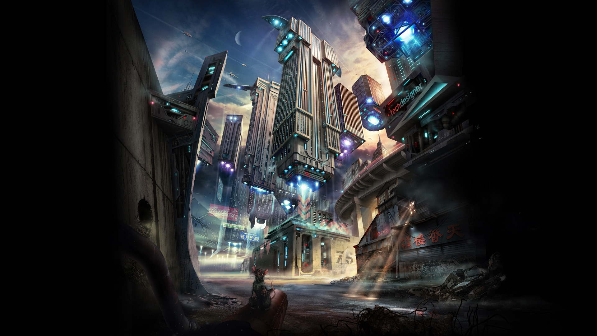 Città futuristica, Astronavi, Grattacieli, Fantascienza, Arte digitale, wallpaper Windows 11