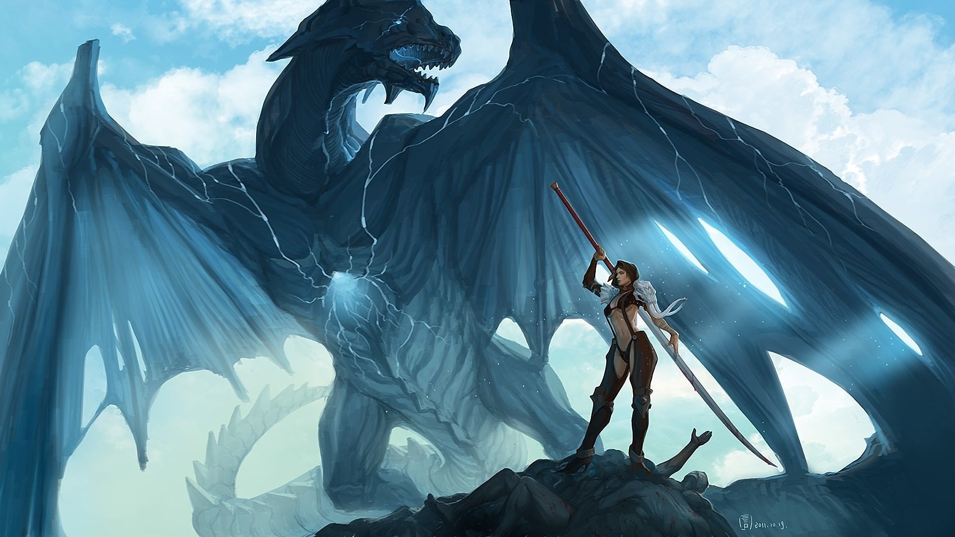 Drago blu, Guerriera, Spada, Arte fantasy, Full HD 1080p, sfondo desktop