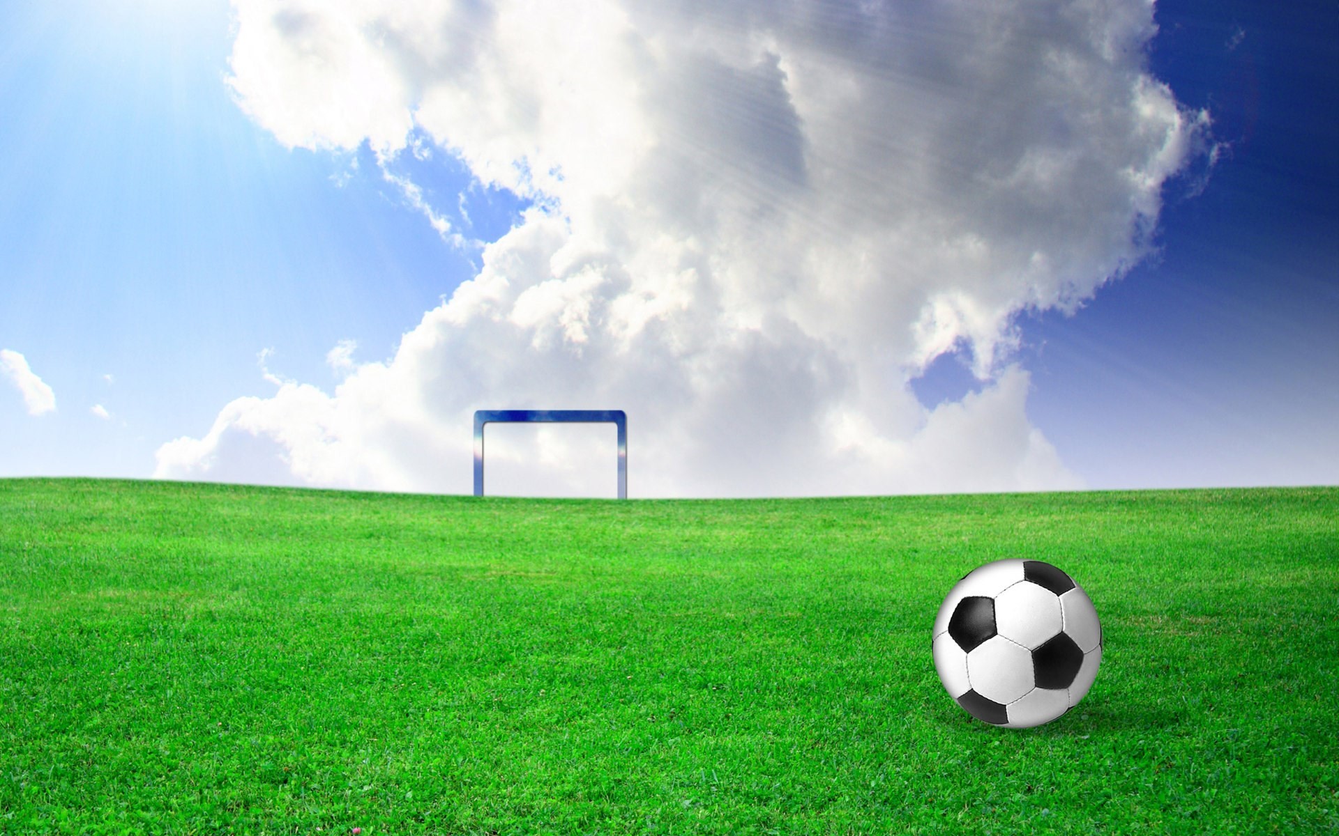 Pallone da calcio, Porta, Prato verde, Nuvole, Full HD, sfondo per portatile