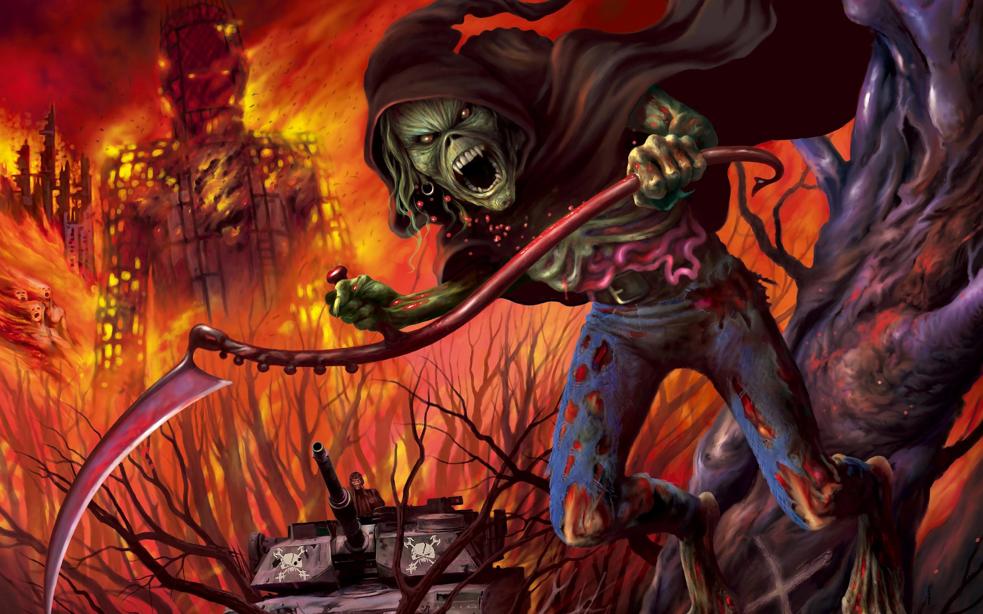 Eddie, Fear of the Dark, Iron Maiden, Falce, Incendio, Città in fiamme, sfondo widescreen 2K