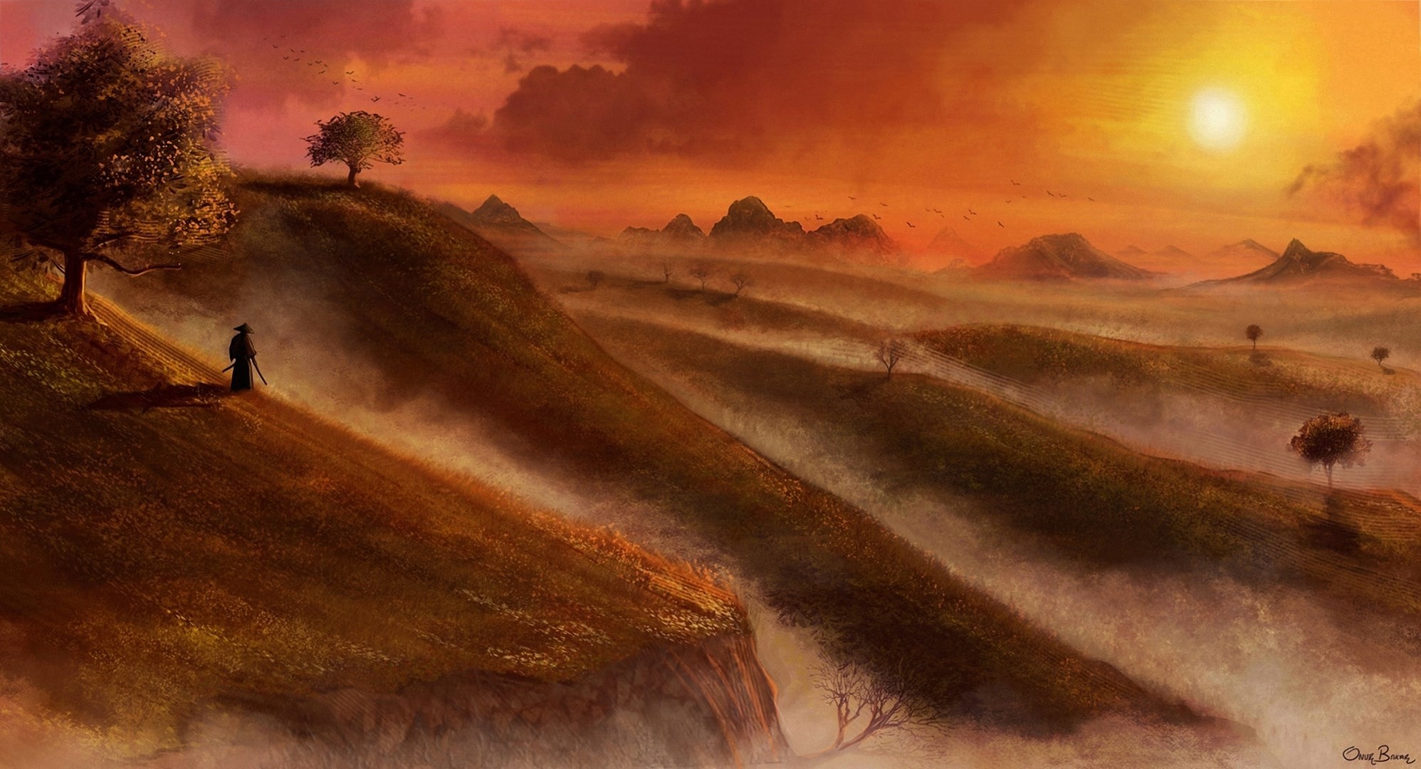 Samurai, Colline, Tramonto, Pittura digitale, Full HD, sfondo per PC e portatile