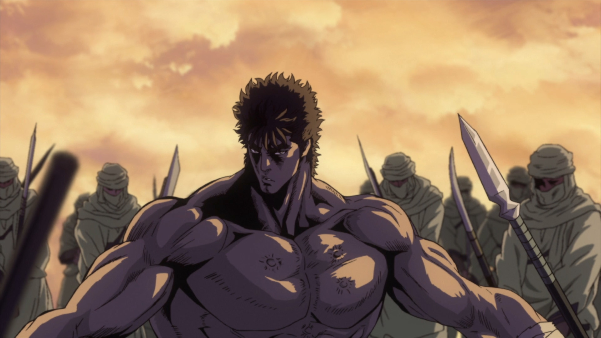 Kenshiro, Ken il guerriero, Torso nudo, Soldati con lance, Anime, wallpaper 1920x1080