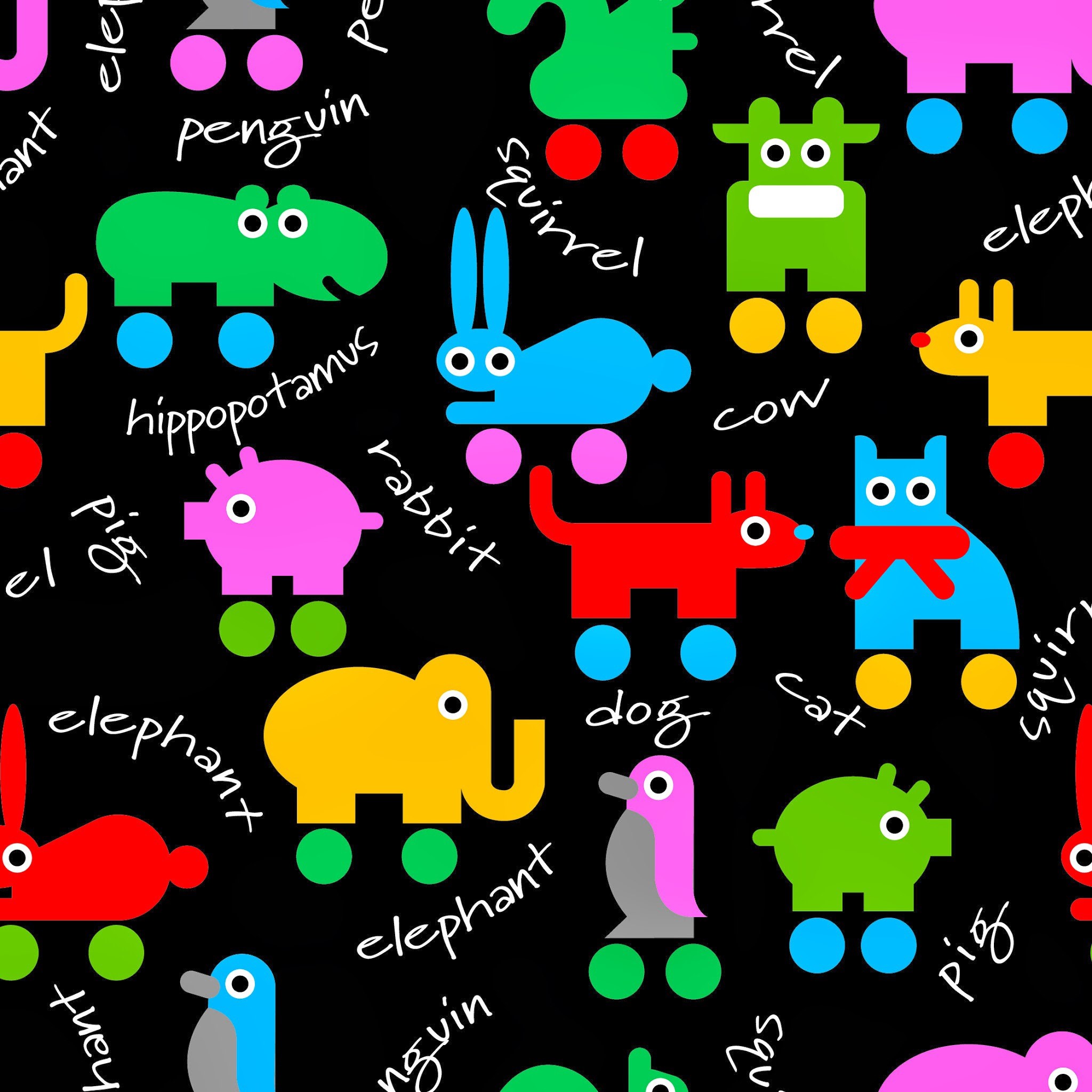 Animali, Nomi degli animali, Motivo colorato, Sfondo nero, Full HD, schermata di blocco iPad