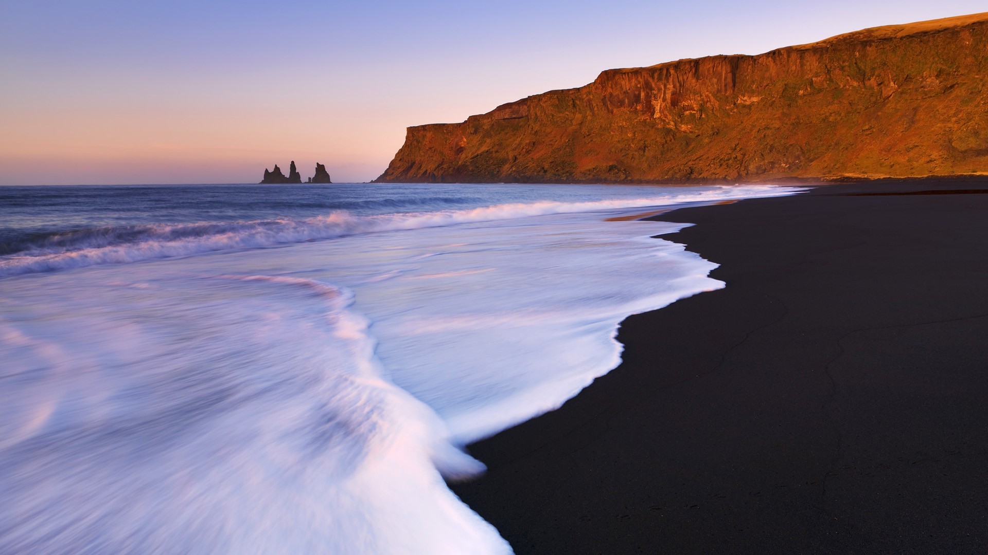 Reynisfjara, Reynisdrangar, Islanda, Spiaggia nera, Onde, 1920x1080, sfondo per PC