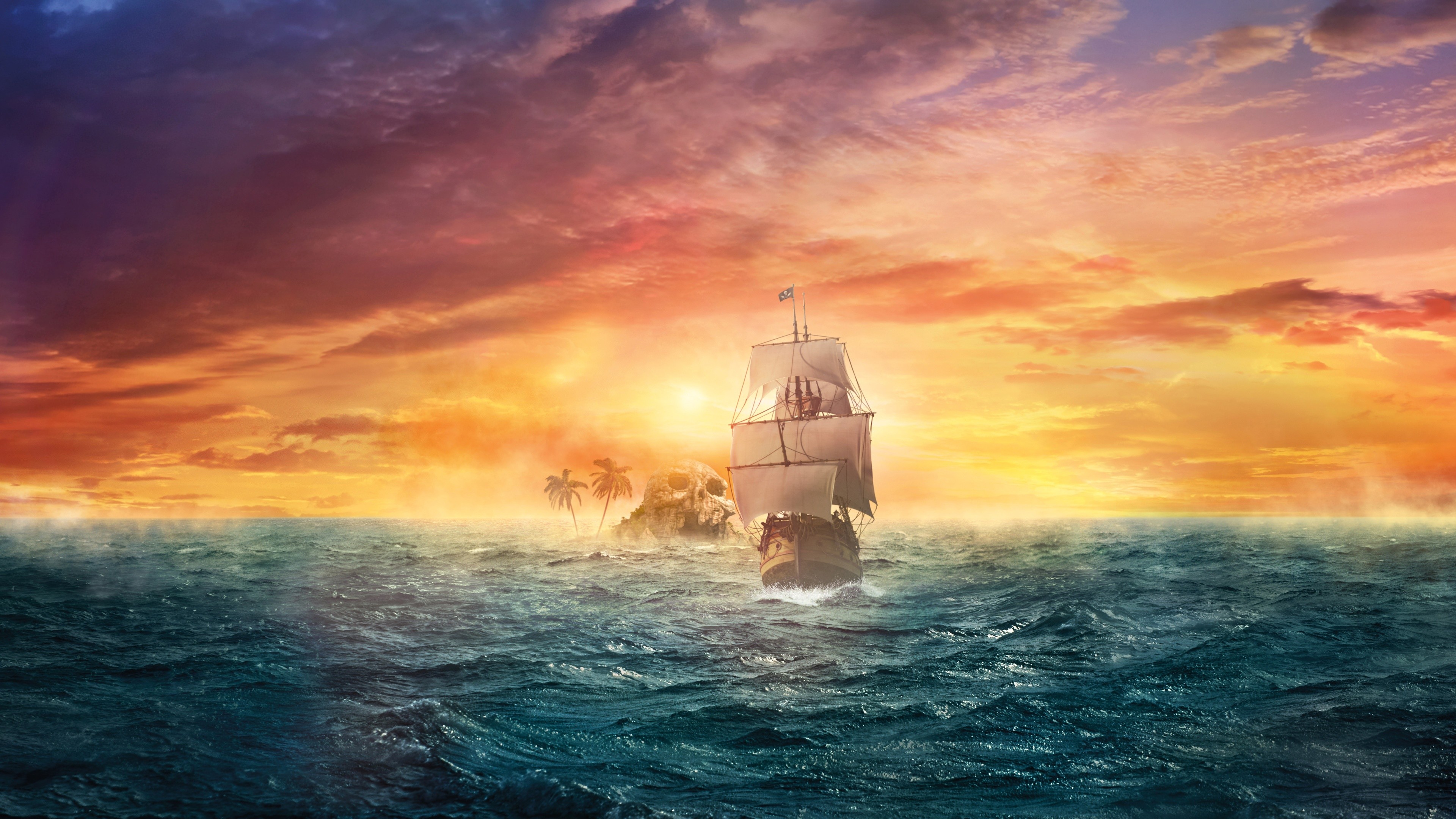 Pirati, Nave pirata, Tramonto, Oceano, 3840x2160, wallpaper desktop