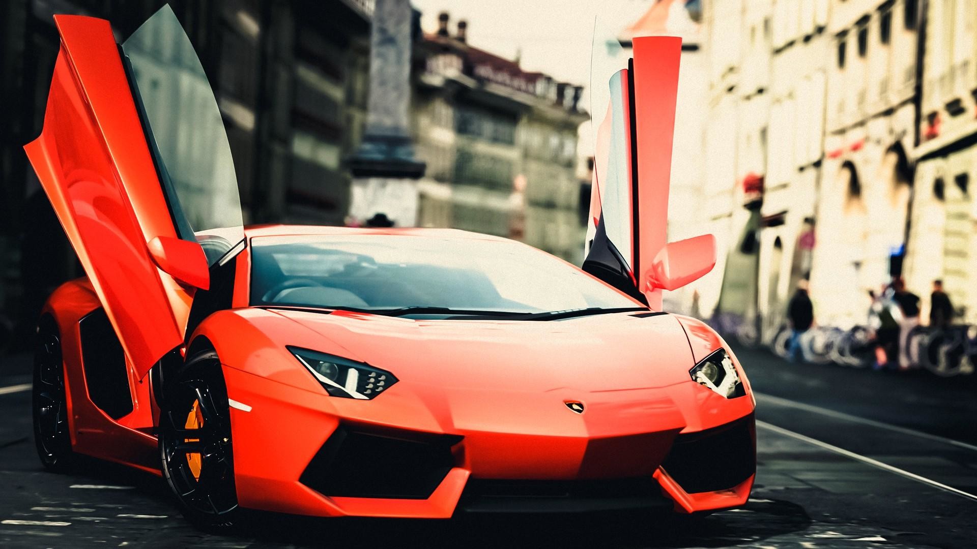 Lamborghini Aventador, Lamborghini, Portiere a forbice, Arancione, Strada cittadina, sfondo 1080p