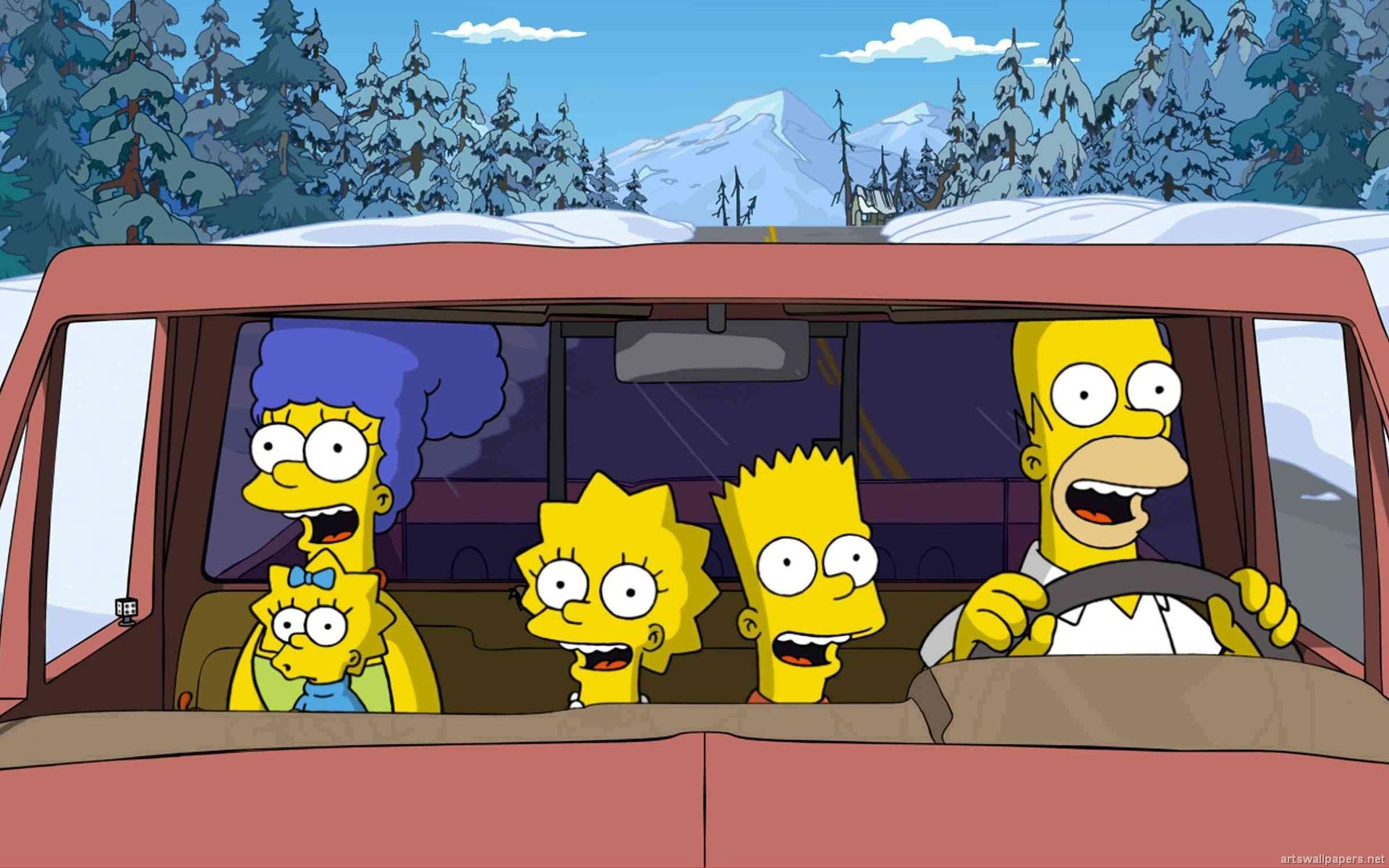I Simpson, Famiglia Simpson, Auto, Neve, Full HD, sfondo per PC e portatile