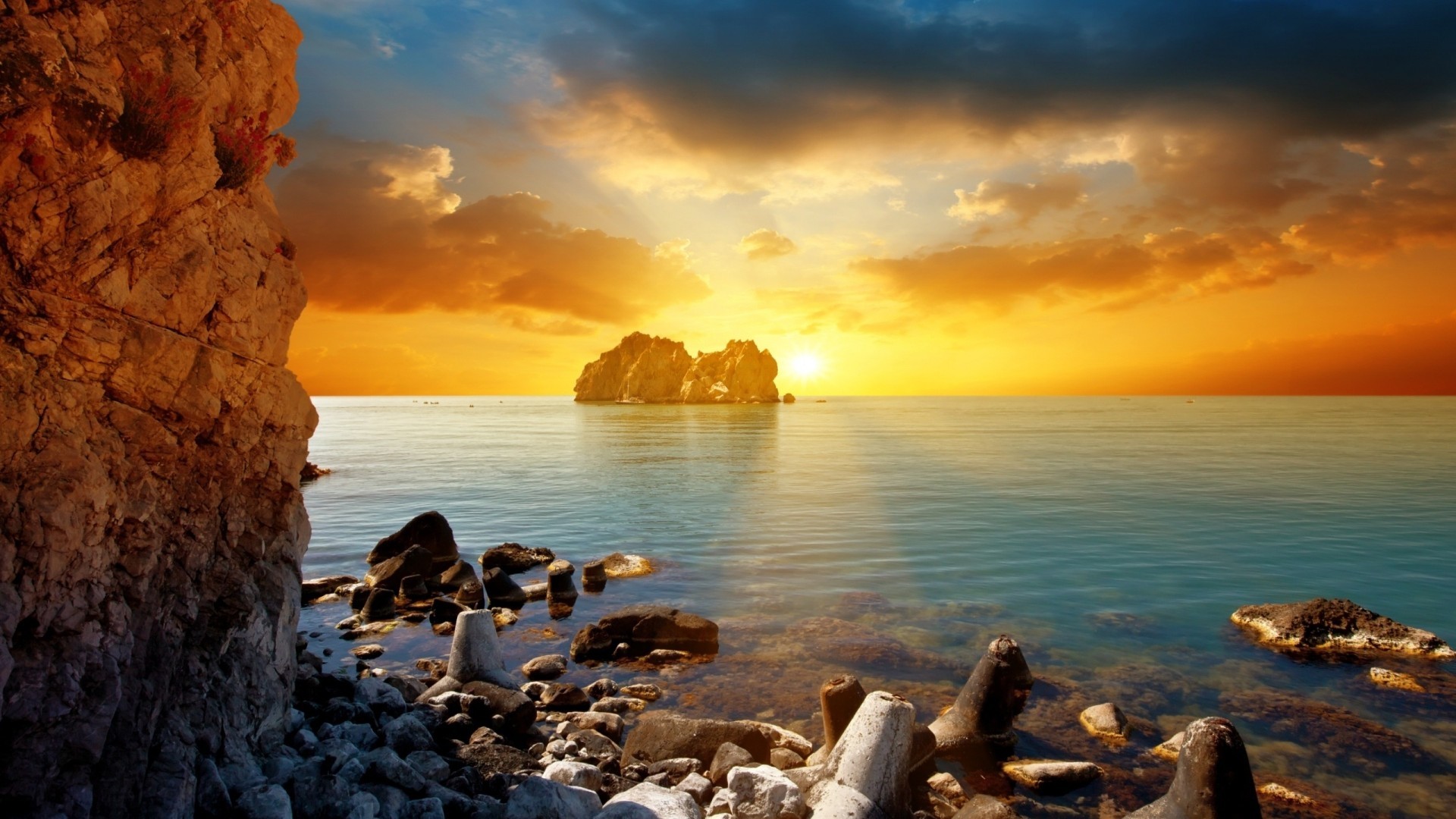 Tramonto, Mare, Scogli, Raggi di sole, Full HD 1080p, sfondo desktop