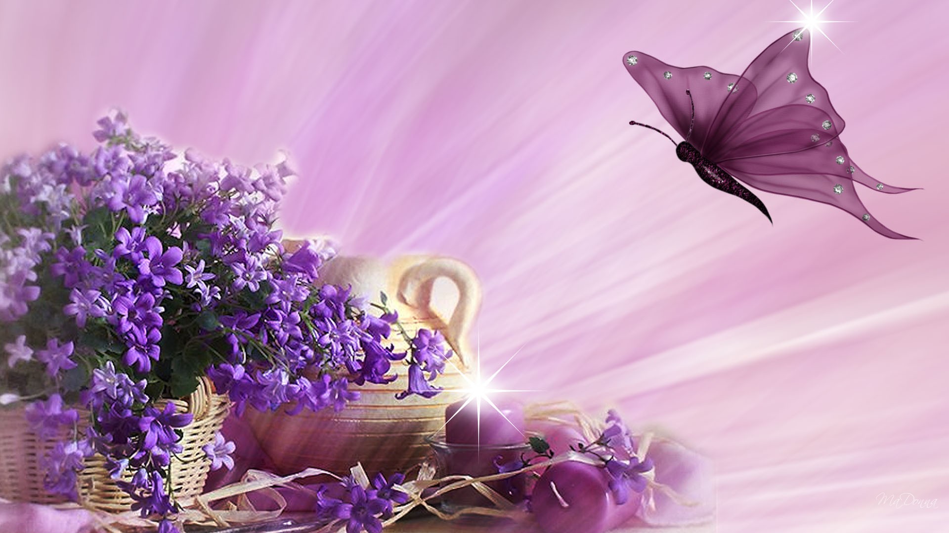 Farfalla, Fiori viola, Lilla, Arte digitale, Full HD, sfondo Windows 11