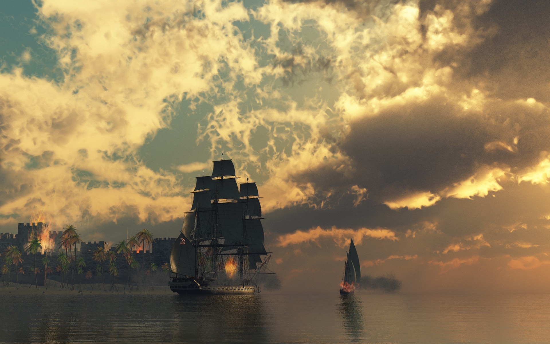 Galeone, Tramonto, Nuvole dorate, Full HD, wallpaper per PC