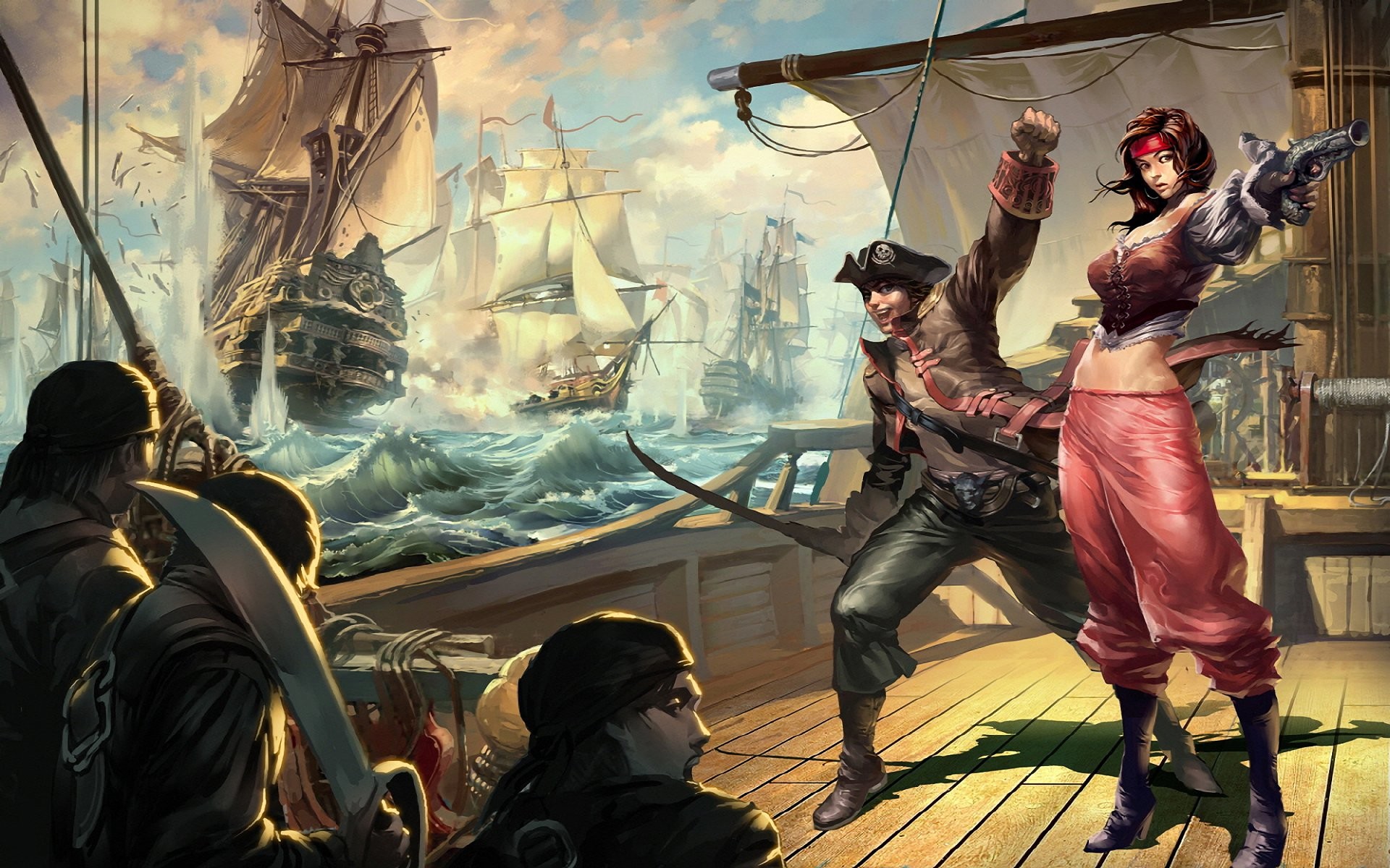 Pirati, Piratessa, Abbordaggio, Galeoni, Illustrazione, 1920x1200, sfondo per PC