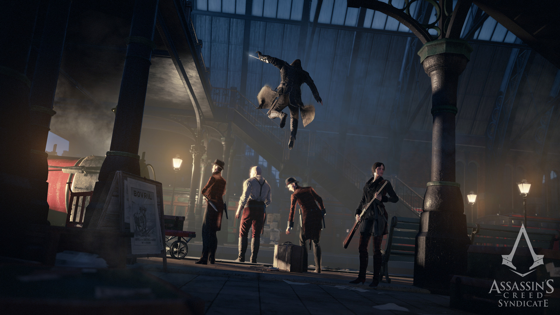 Assassin's Creed Syndicate, Stazione, Salto, Combattimento, Notte, sfondo desktop 1080p